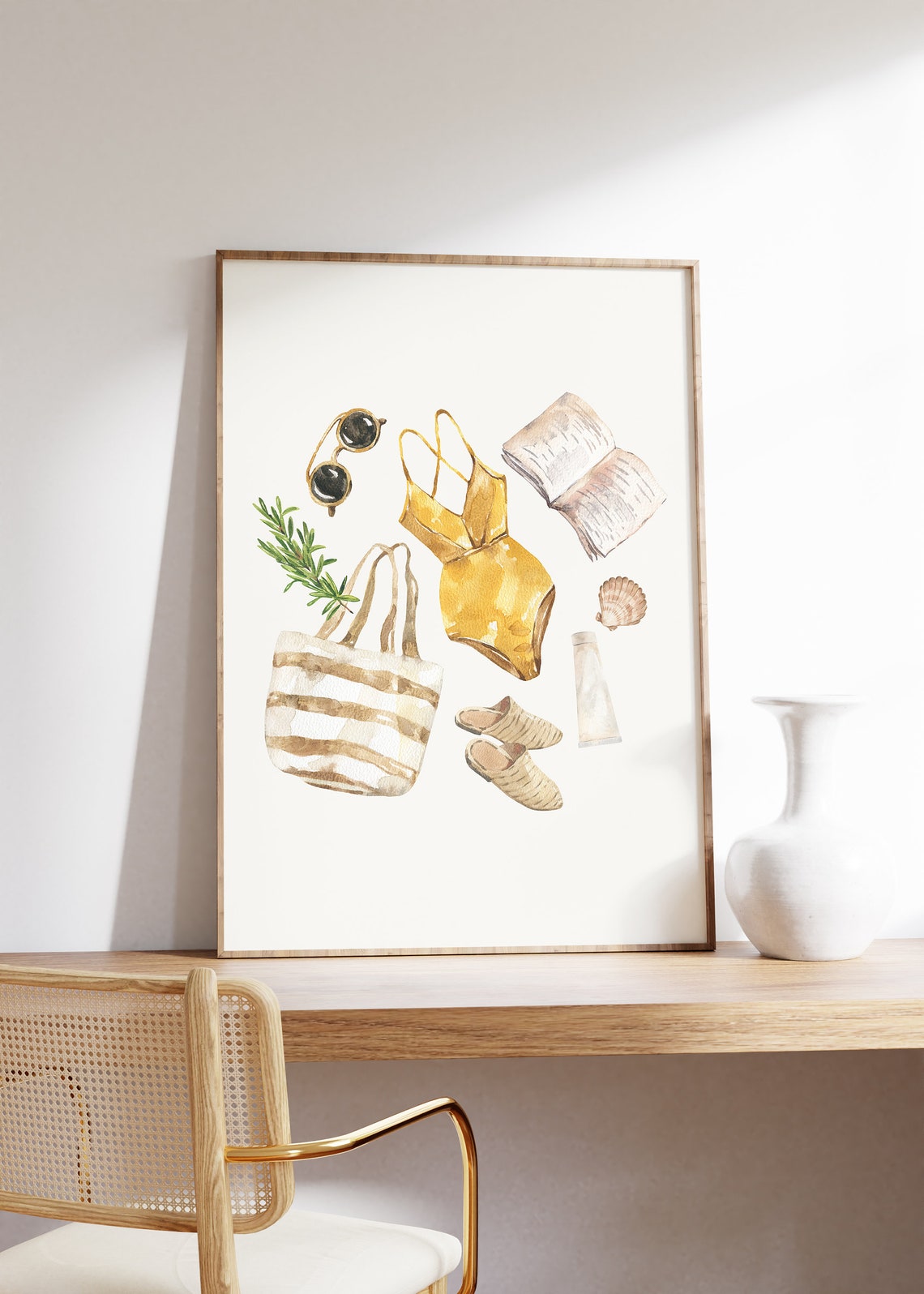 Mustard Yellow Swimsuit Striped Tote Beach Day Watercolor Poster - Image 5