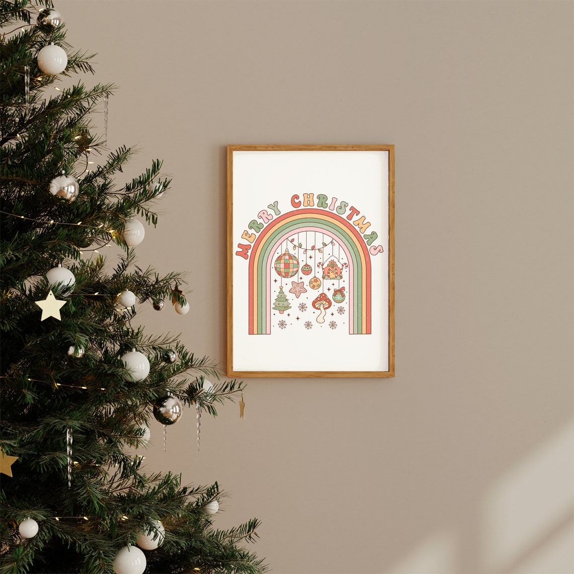 Groovy Merry Christmas Retro Rainbow Ornaments 70s Holiday Poster - Image 3