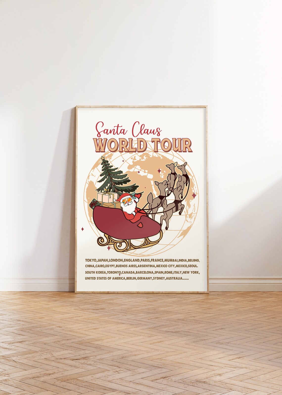 Santa Claus World Tour Sleigh Over Globe Cities Retro Holiday Poster - Image 3
