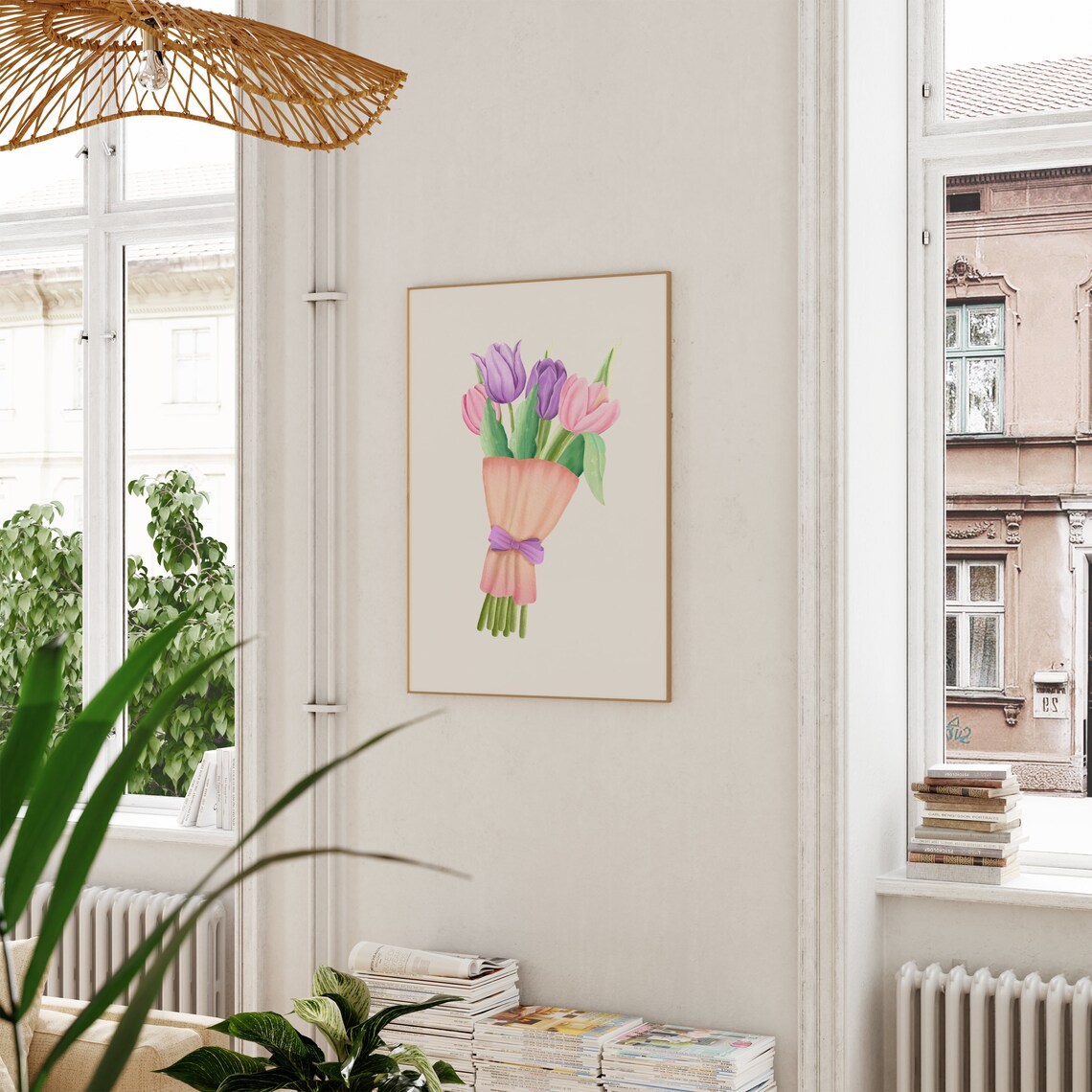 Pink and Purple Tulip Bouquet Wrapped in Paper Watercolor Poster - Image 2