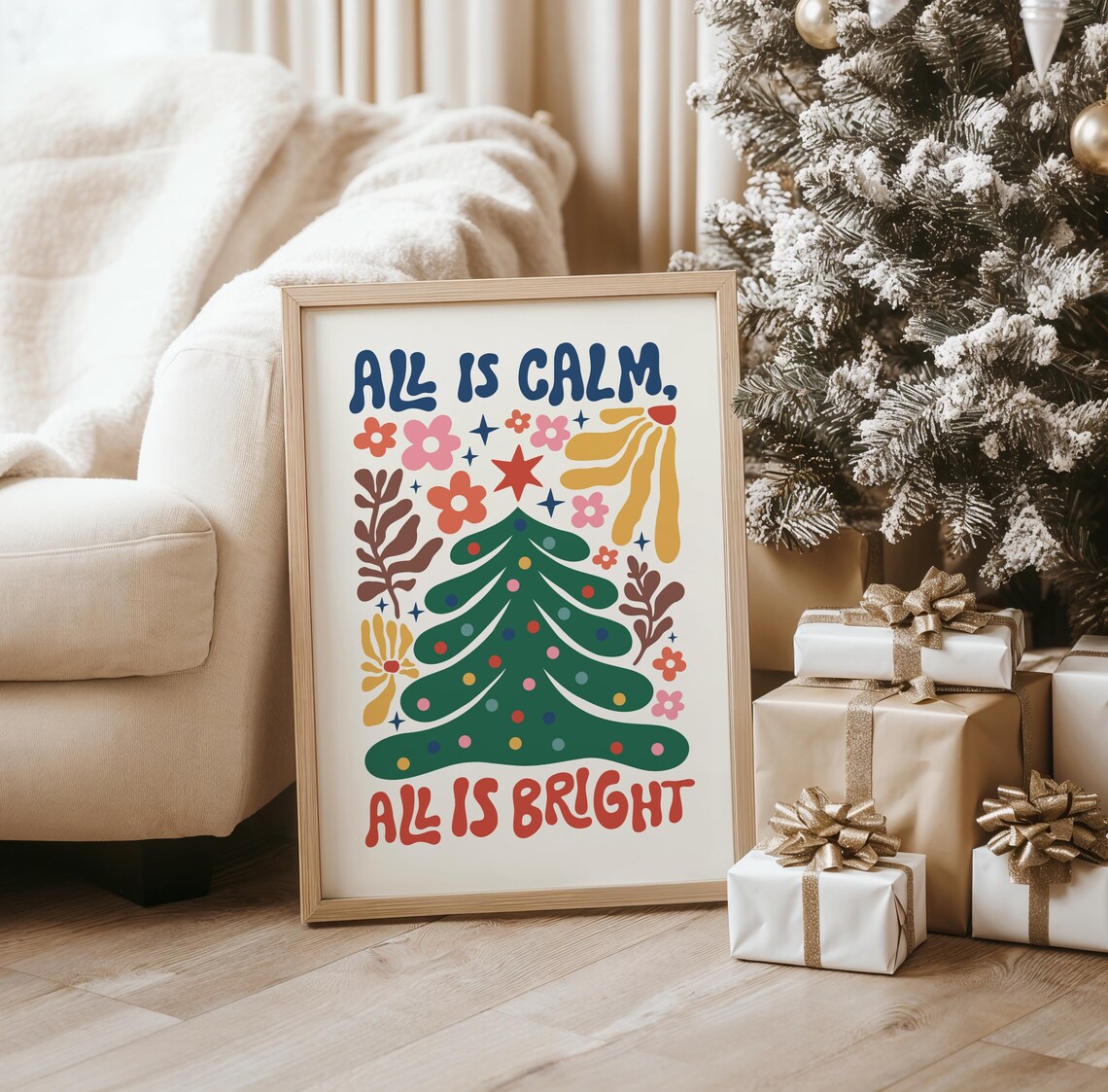 All Is Calm All Is Bright Colorful Retro Christmas Tree Poster - Image 3