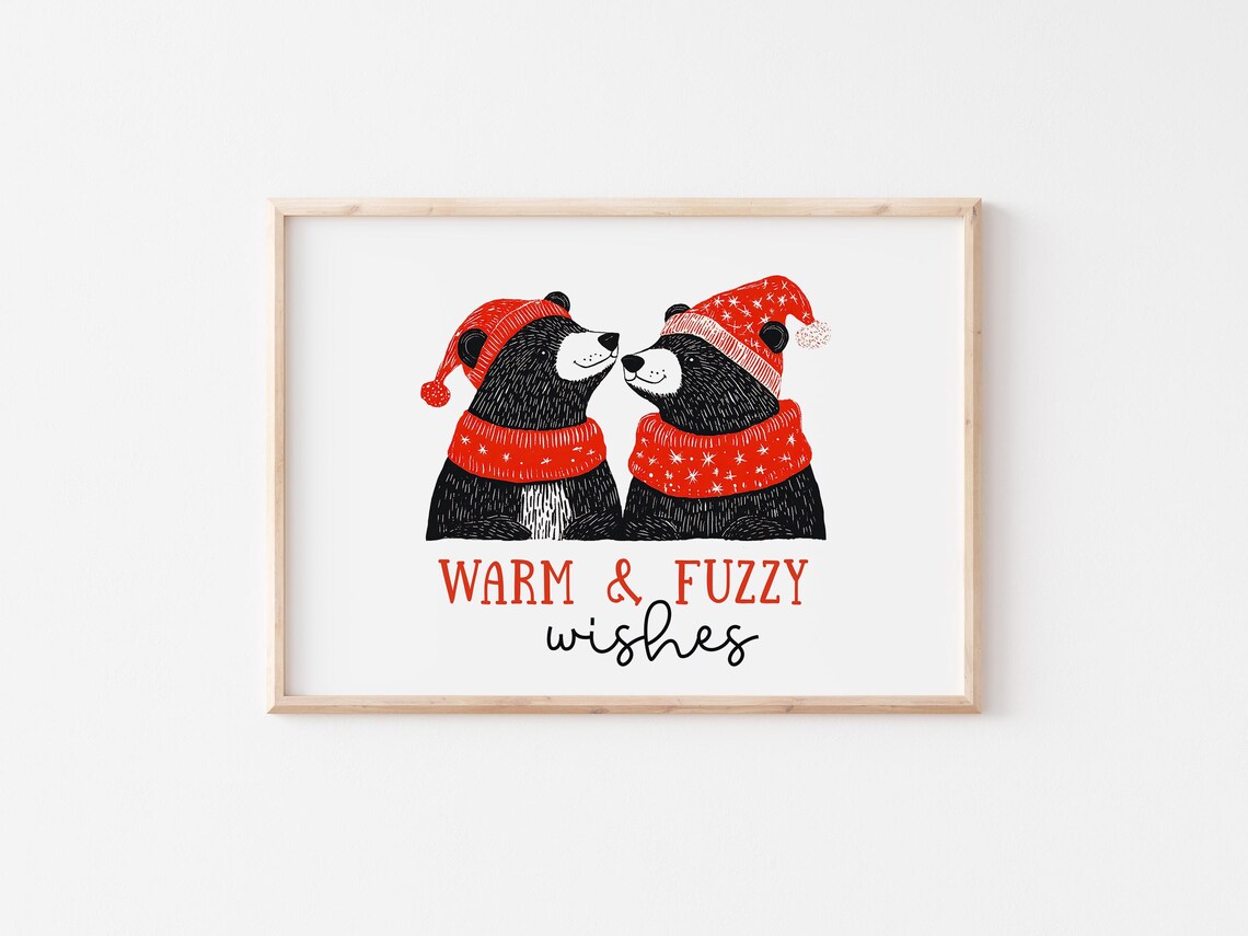 Warm and Fuzzy Wishes Bears in Santa Hats Red Christmas Poster - Image 4