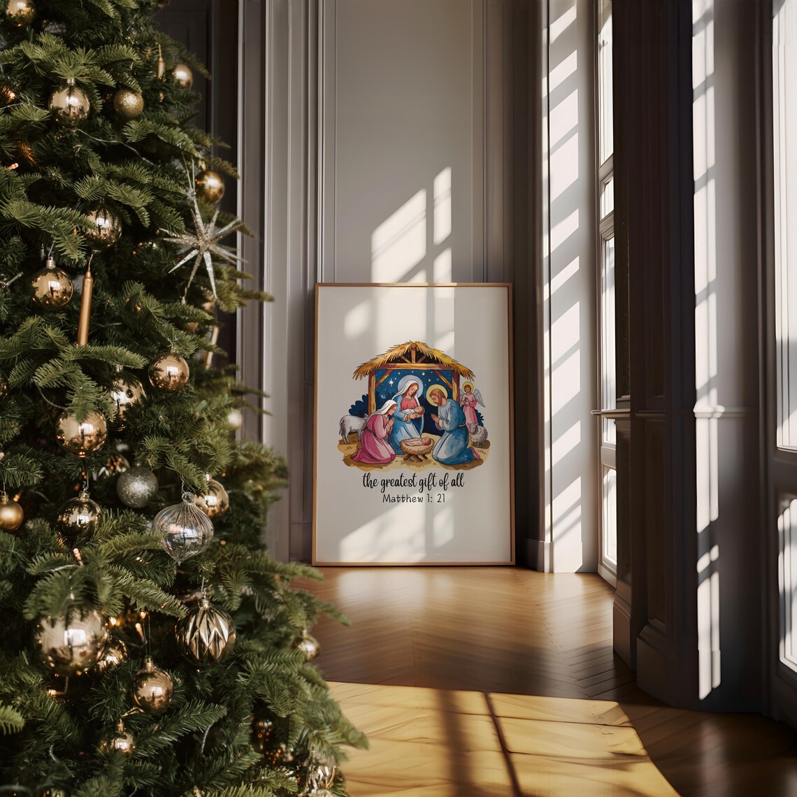 The Greatest Gift Of All Nativity Scene Matthew 1 21 Christmas Poster - Image 2