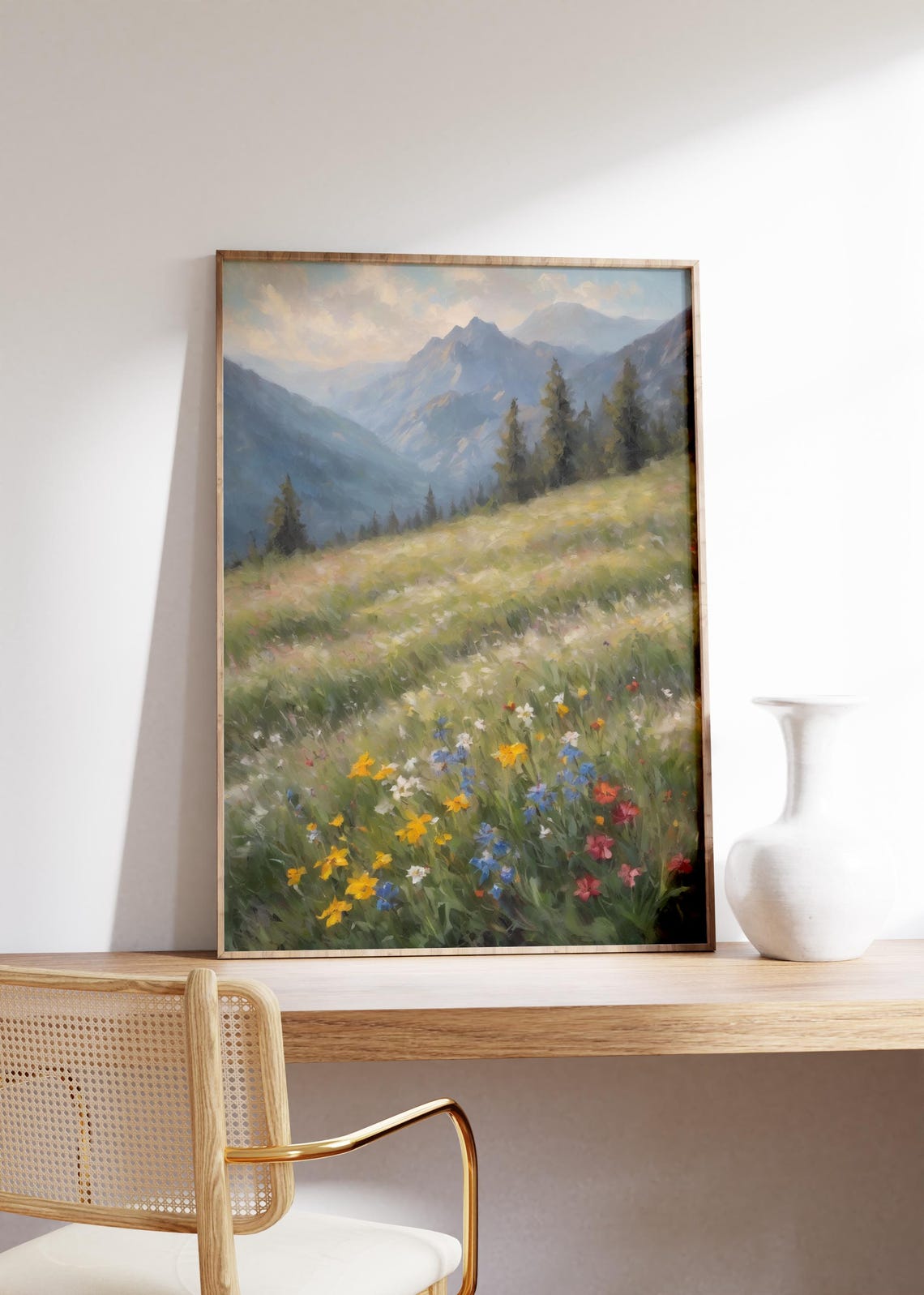 Moody Misty Mountain Meadow Colorful Wildflowers Alpine Poster - Image 2