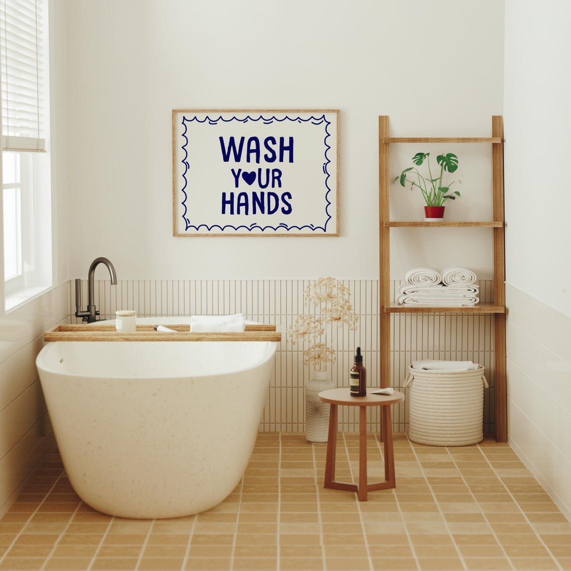 Navy Blue Wash Your Hands Typography Poster for Bathroom Walls - Image 2