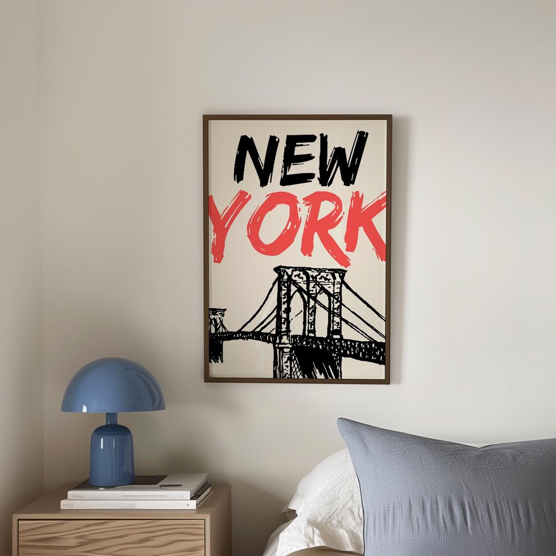 New York City Brooklyn Bridge Red Brush Lettering Sketch Poster - Image 4