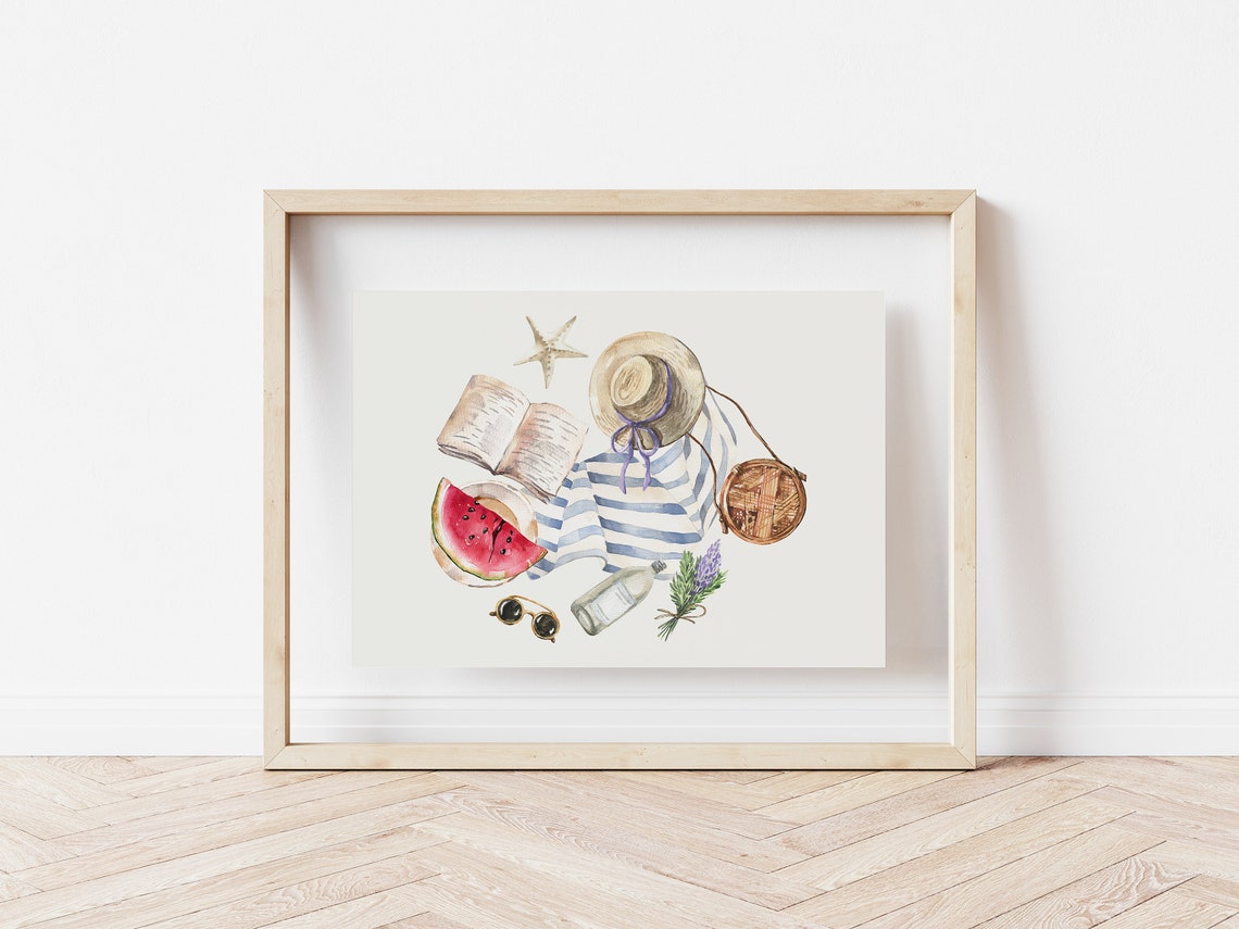 Beach Day Essentials Flat Lay Watercolor Towel Hat Book Summer Poster - Image 4