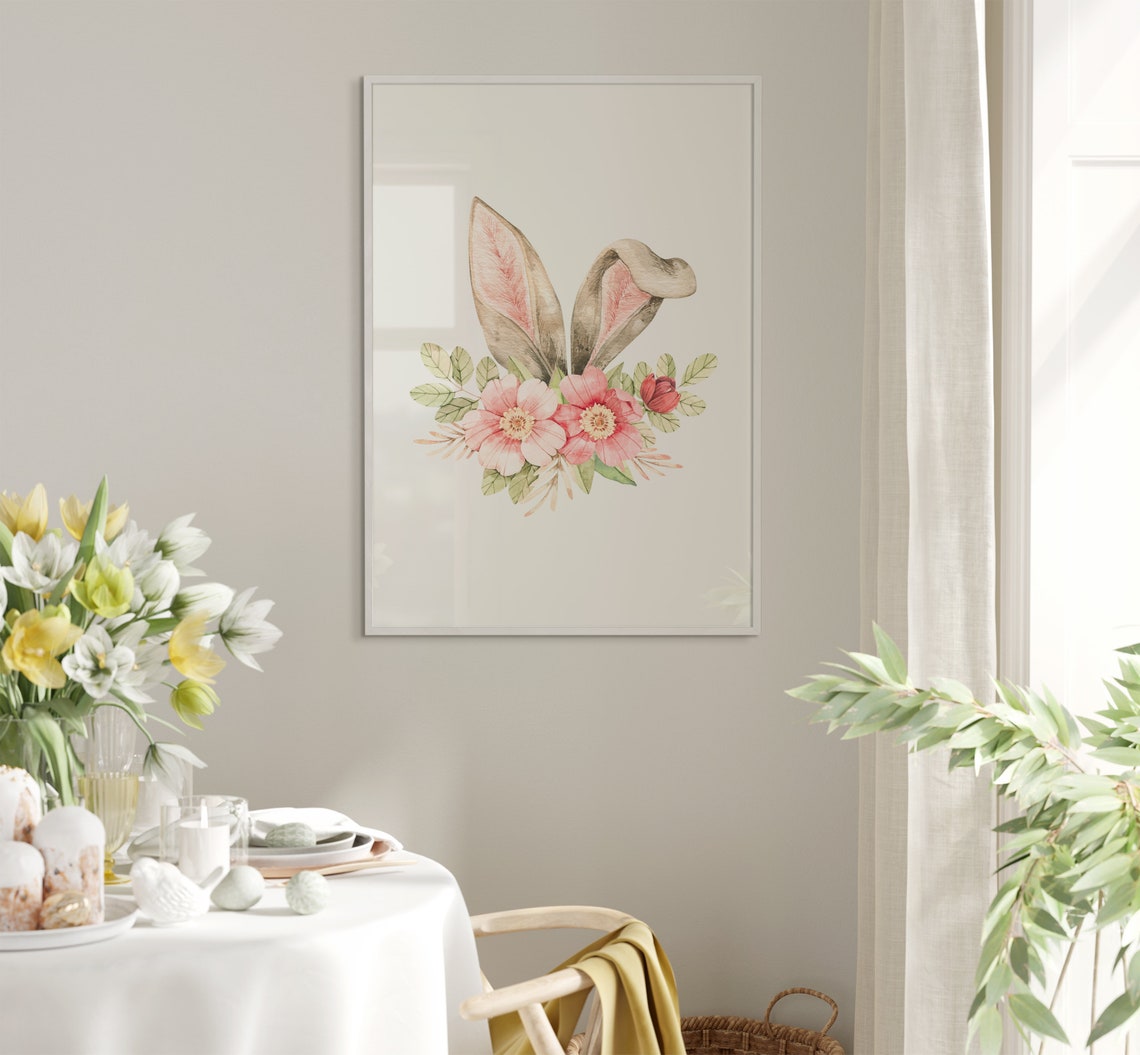 Watercolor Bunny Ears With Pink Blossoms Easter Nursery Poster - Image 5