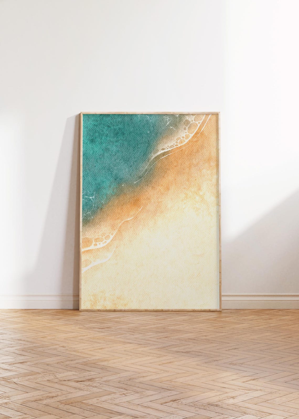 Teal Ocean Diagonal Sweeping Over Golden Sandy Beach Scene Print - Image 4