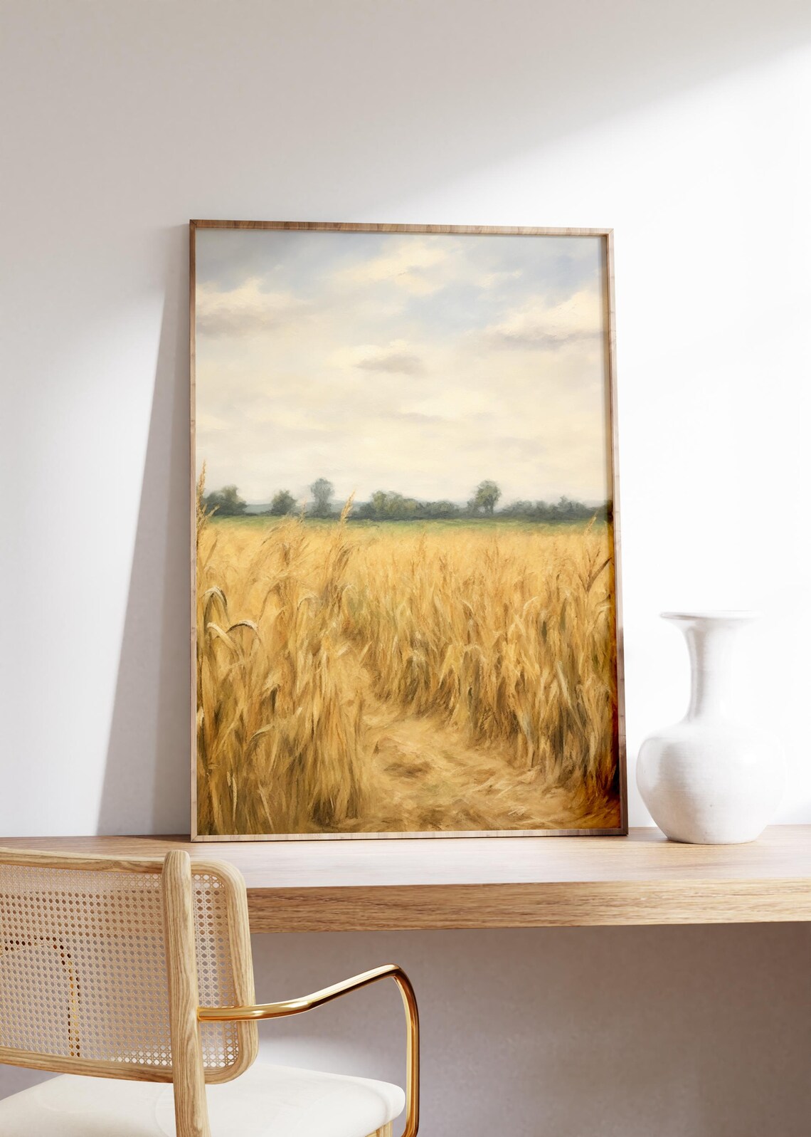 Golden Wheat Field Under Soft Cloudy Sky Vintage Landscape Poster - Image 4