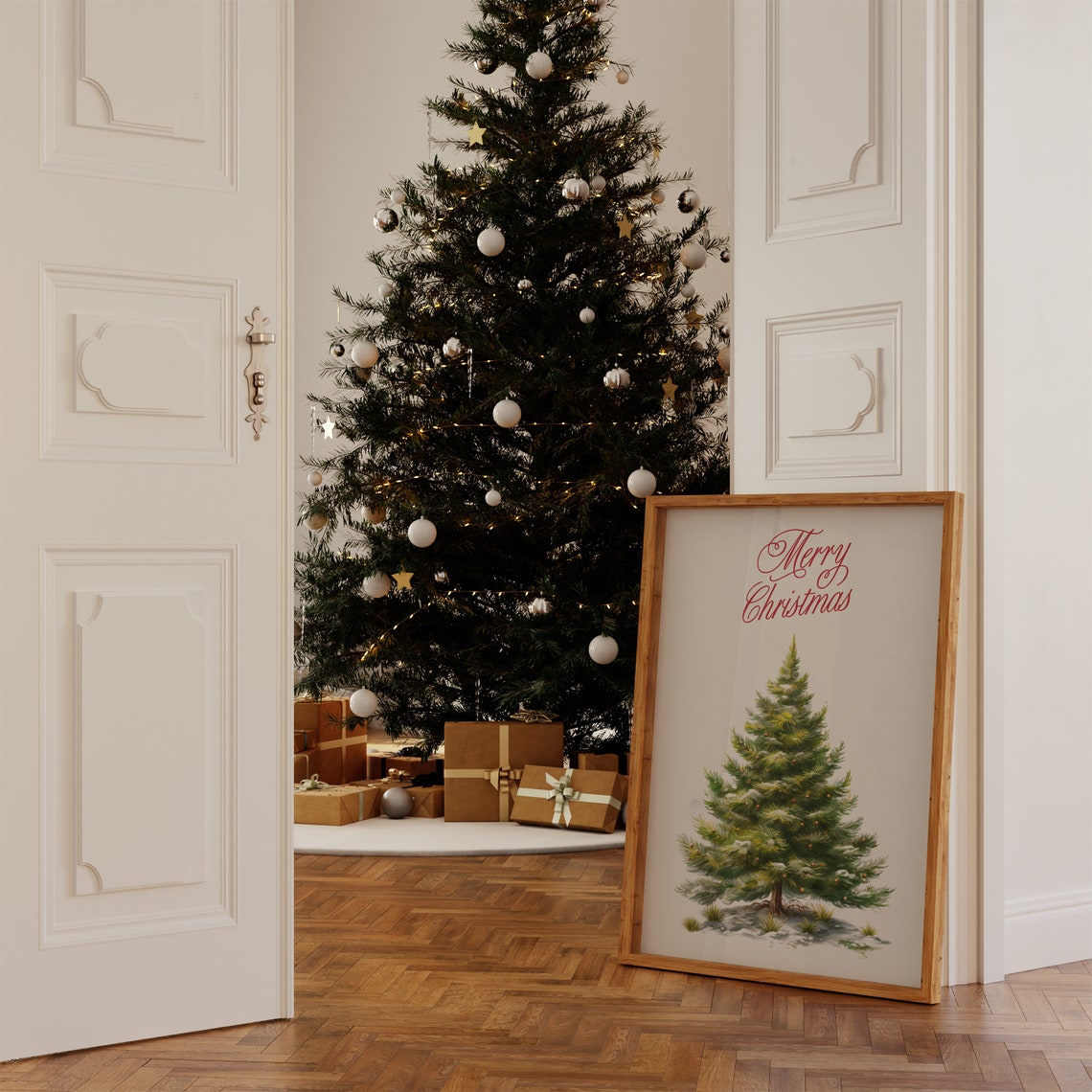 Merry Christmas Script Snowy Evergreen Tree Watercolor Holiday Poster - Image 4
