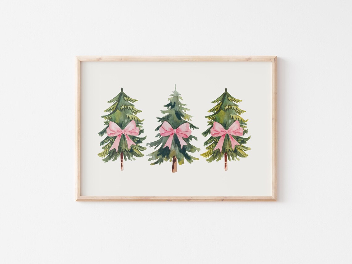 Three Watercolor Christmas Trees With Pink Bows Holiday Wall Art - Image 2