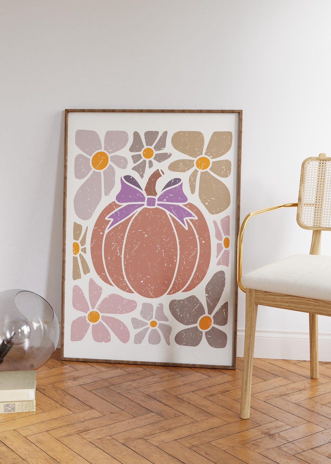 Boho Pumpkin Purple Bow Retro Floral Fall Autumn Decor Poster - Image 2