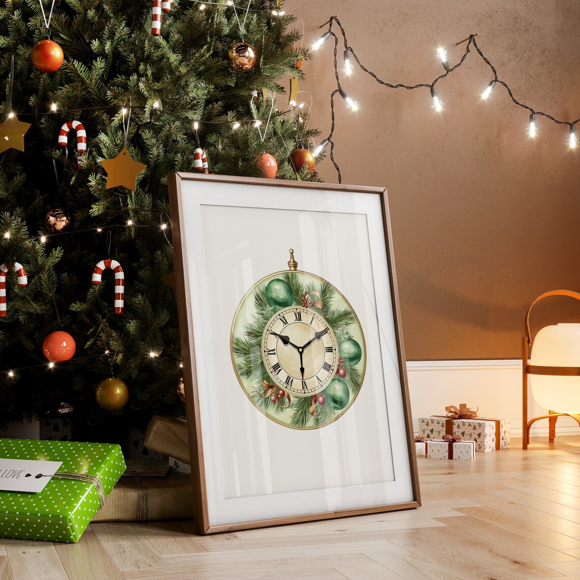 Gold Antique Clock With Pine Green Baubles Berries Holiday Poster - Image 2