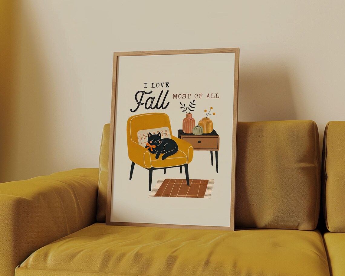 I Love Fall Most of All Black Cat Armchair Cozy Autumn Poster - Image 2