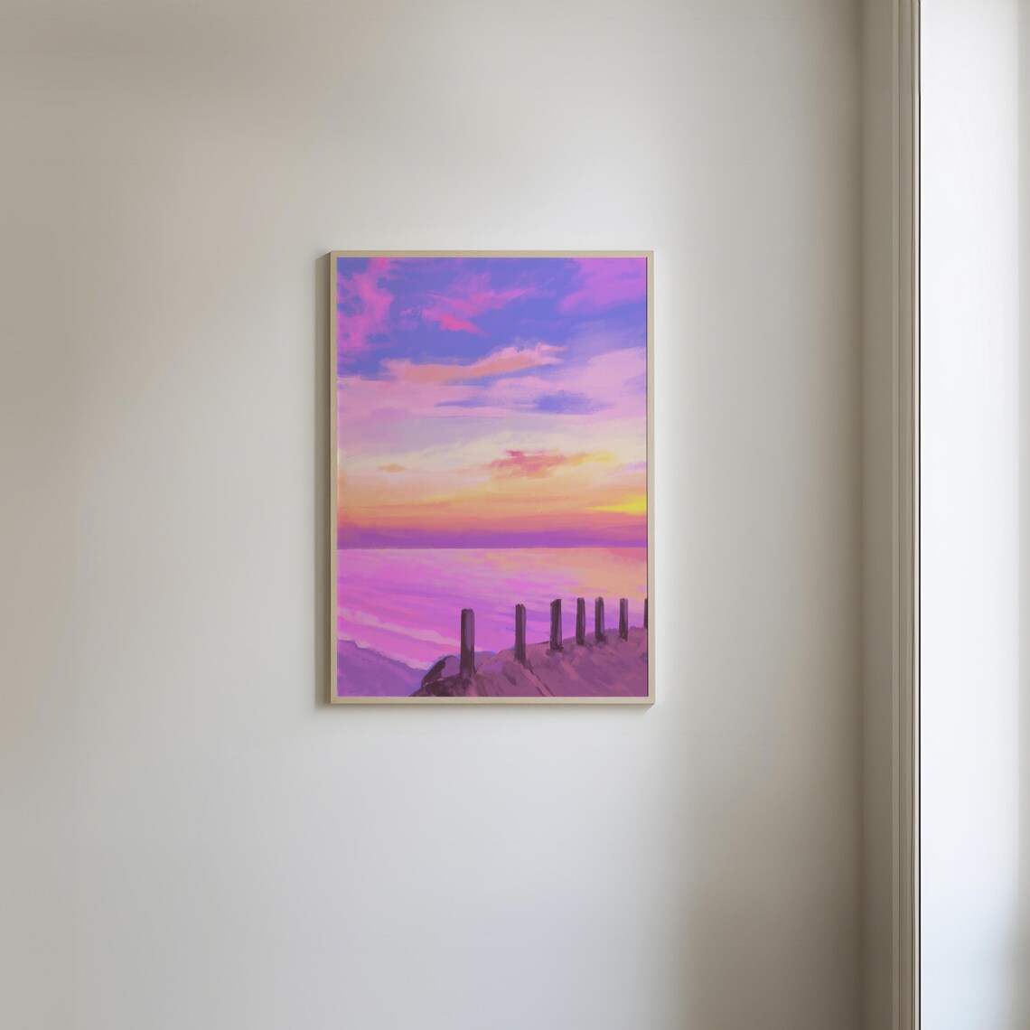 Dreamy Pink Sunset Coastal Pier Painting Ocean View Art Poster - Image 5