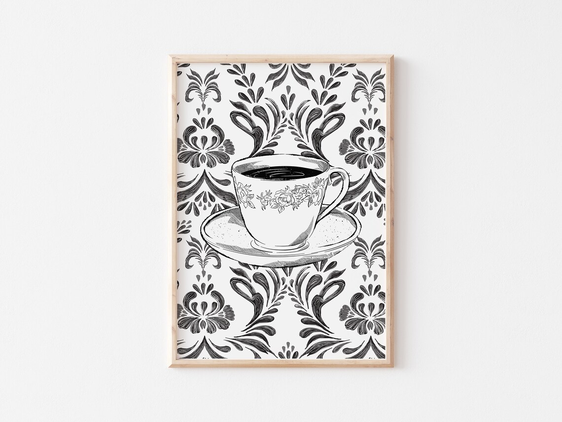 Black and White Vintage Floral Teacup Classic Ink Drawing Poster - Image 3