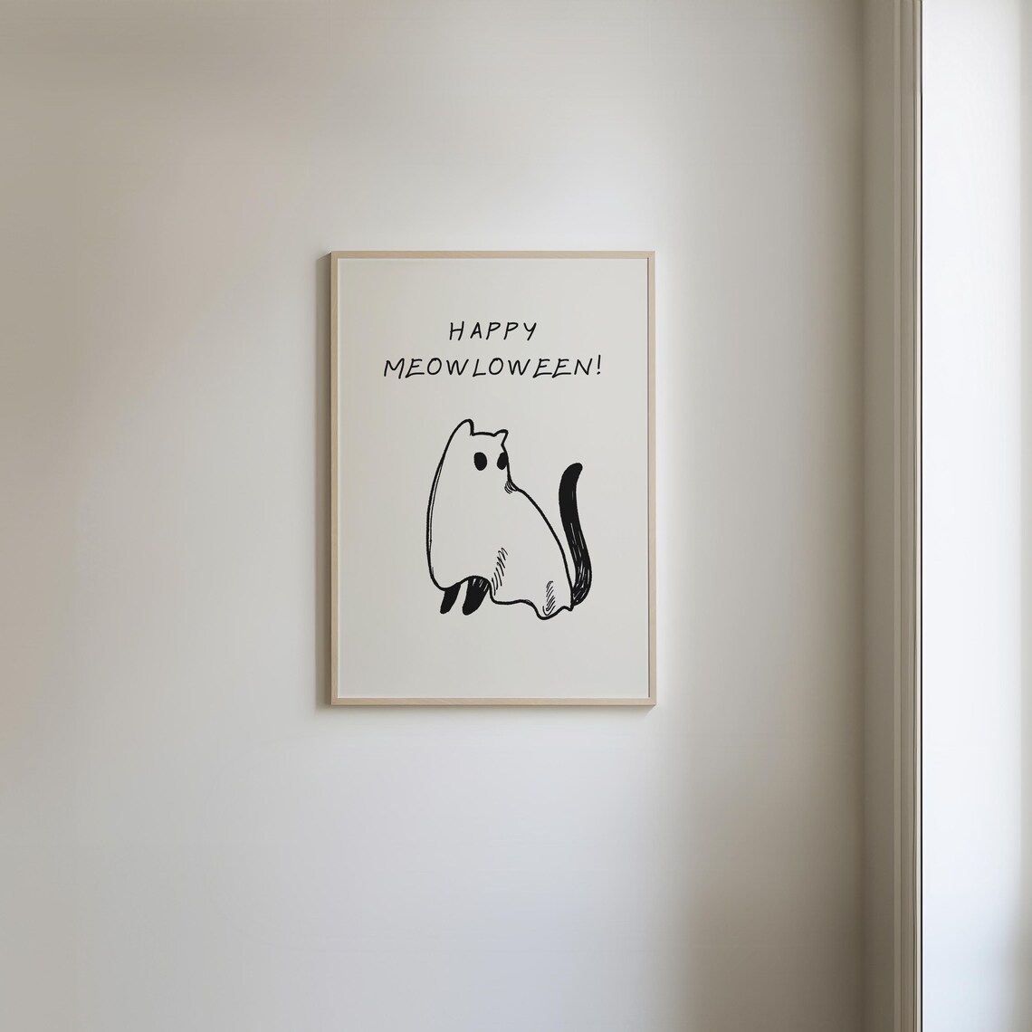 Happy Meowloween Ghost Cat Ink Sketch Cute Minimalist Halloween Poster - Image 3