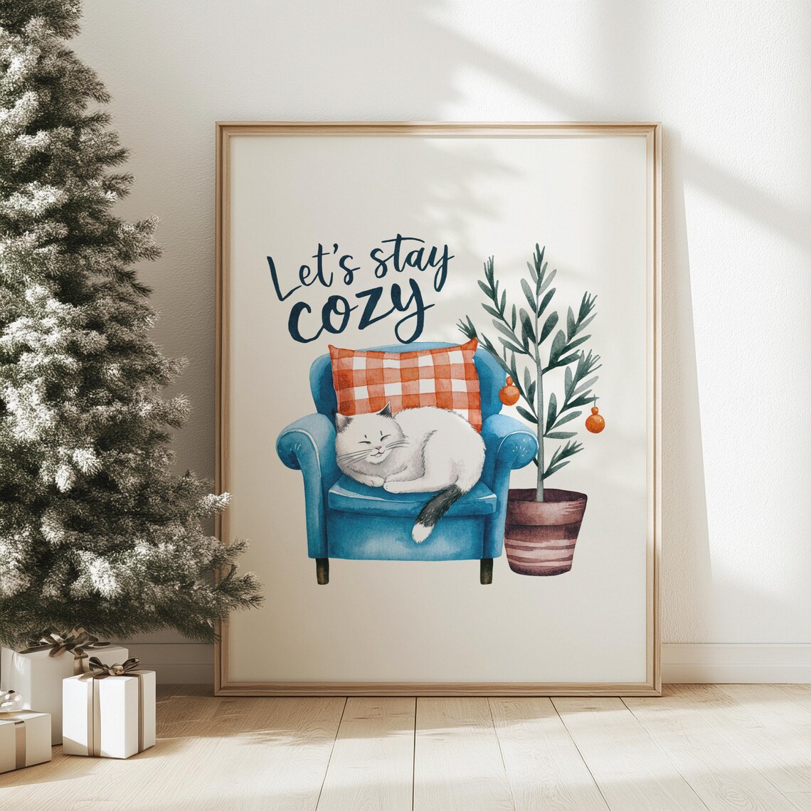 Let's Stay Cozy Sleepy Cat Armchair Winter Cute Animal Poster - Image 5