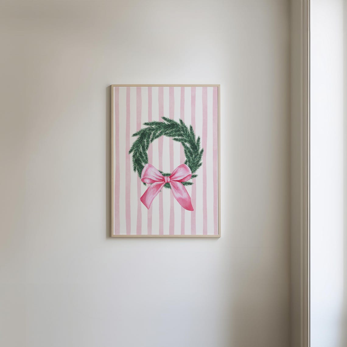 Pink Bow Christmas Wreath Watercolor Poster on Striped Background - Image 4