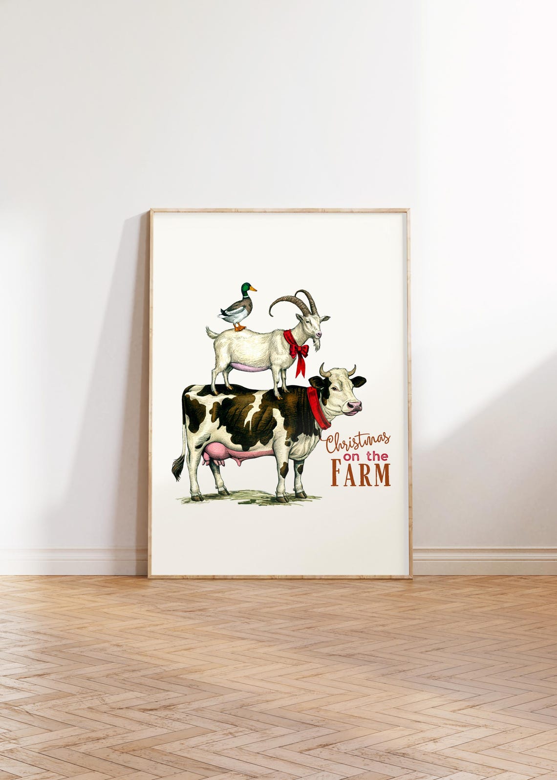 Christmas on the Farm Stacked Cow Goat Duck Animals Art Poster - Image 2