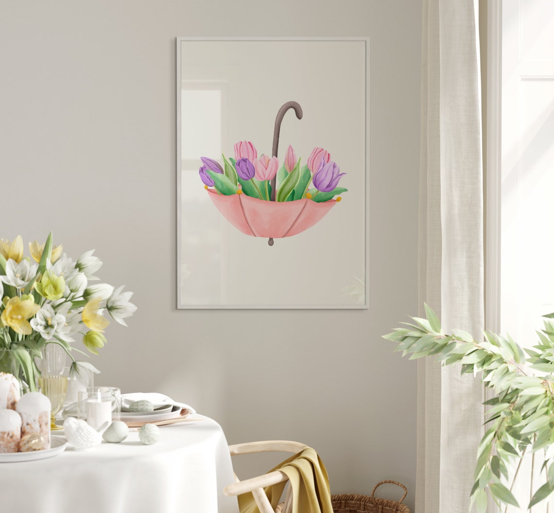 Pink Umbrella Filled With Tulips Watercolor Spring Flower Poster - Image 5