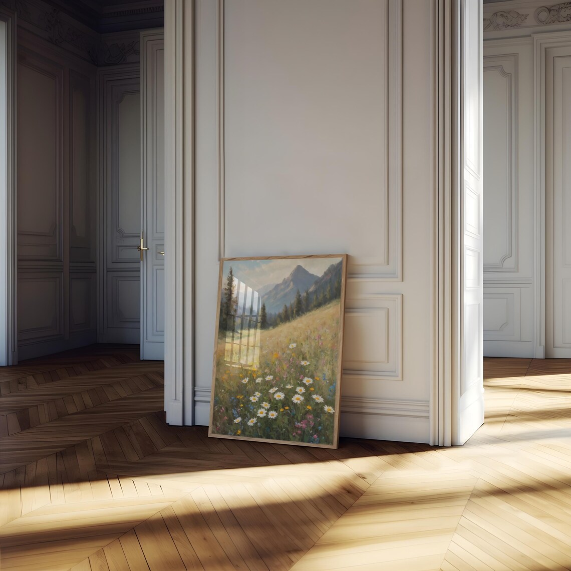 Daisy Wildflower Mountain Meadow Vintage Oil Painting Landscape Poster - Image 4