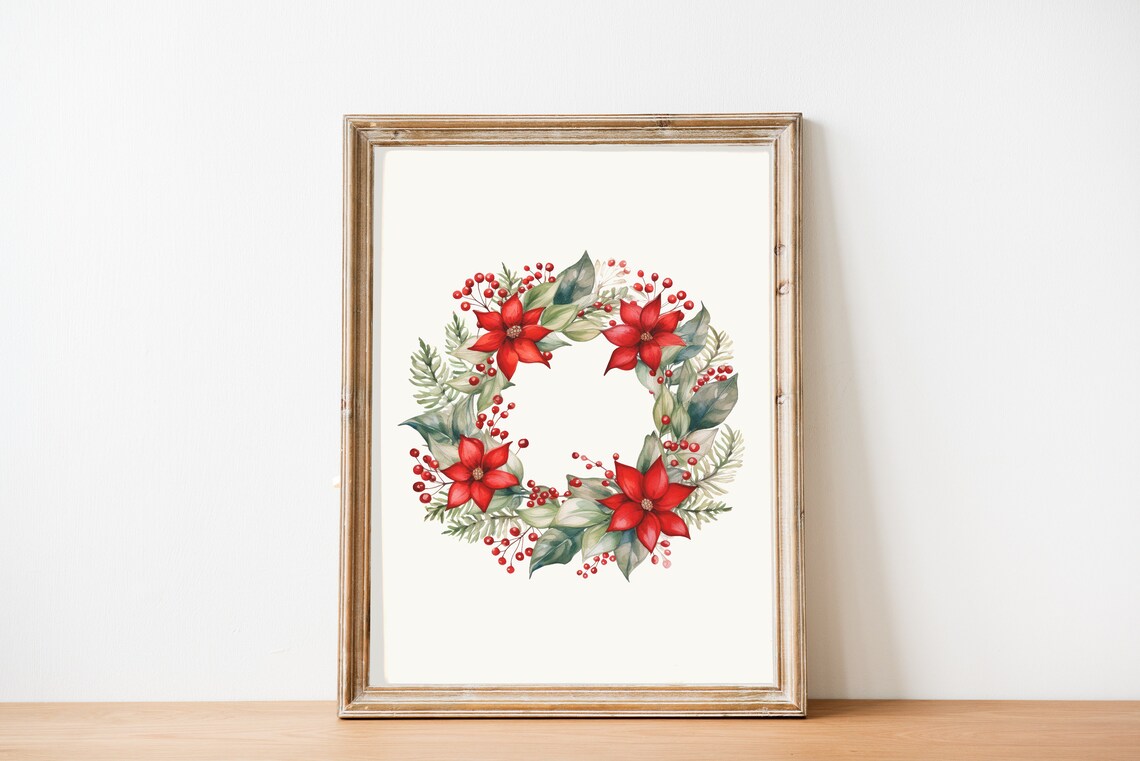 Watercolor Poinsettia Christmas Wreath Botanical Holiday Wall Art - Image 3