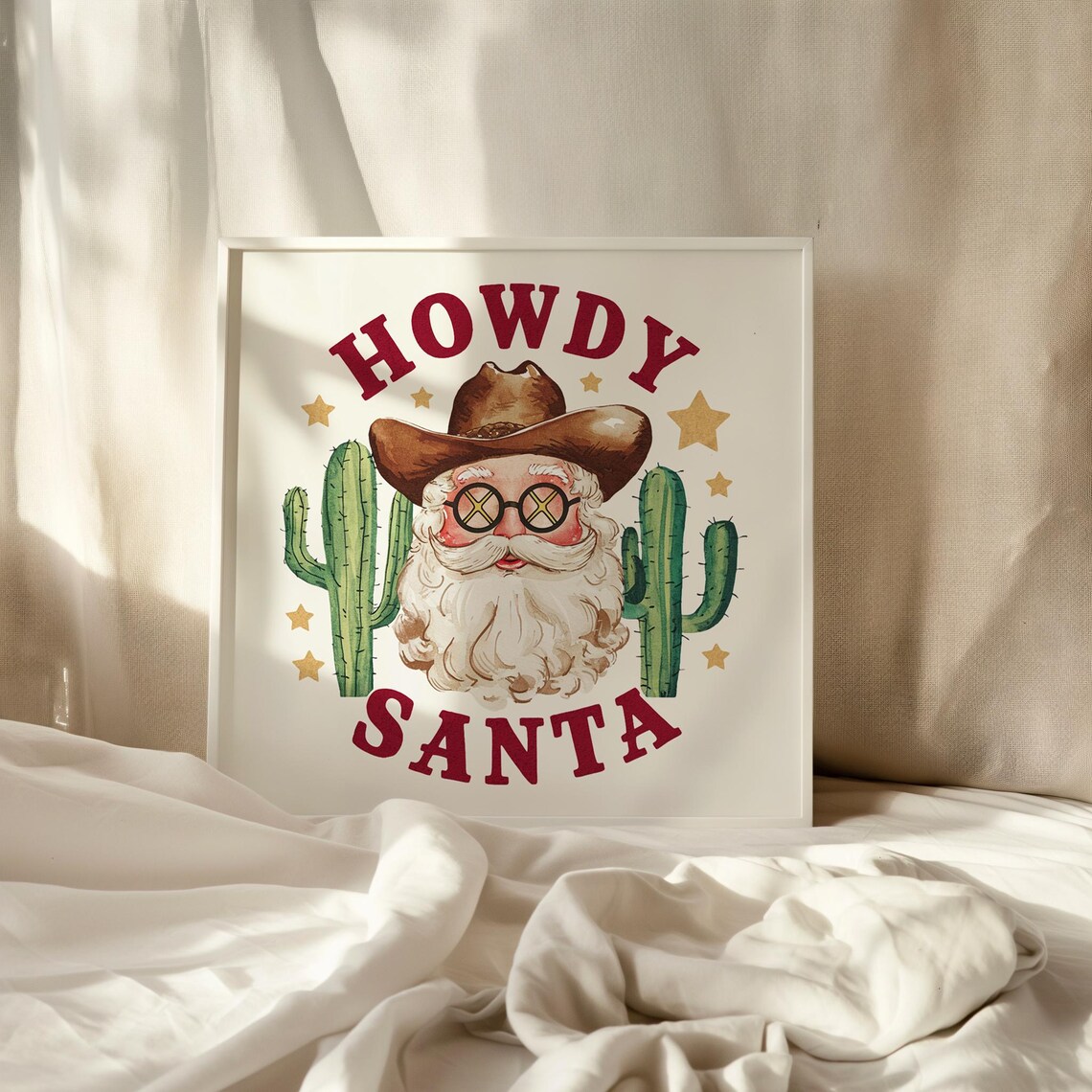 Howdy Santa Cowboy Santa With Cacti Watercolor Christmas Art Print - Image 3