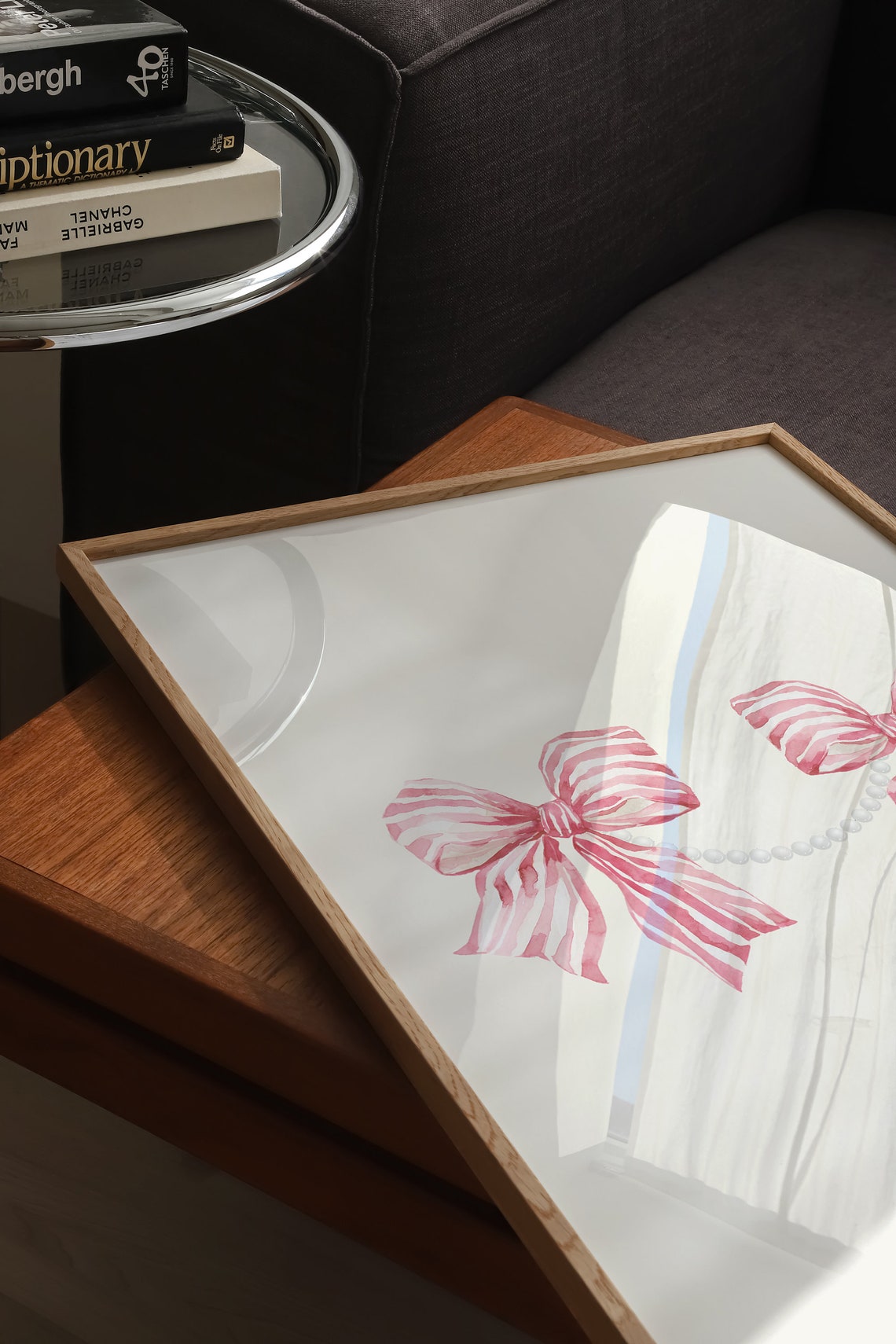 Pair Of Pink Striped Watercolor Bows Linked By Pearl Strand Poster - Image 3