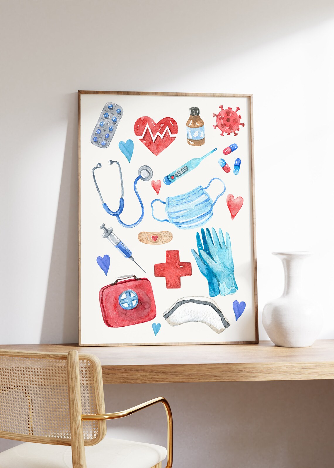 Watercolor Nurse Medical Icons Stethoscope Syringe Heart Poster - Image 4