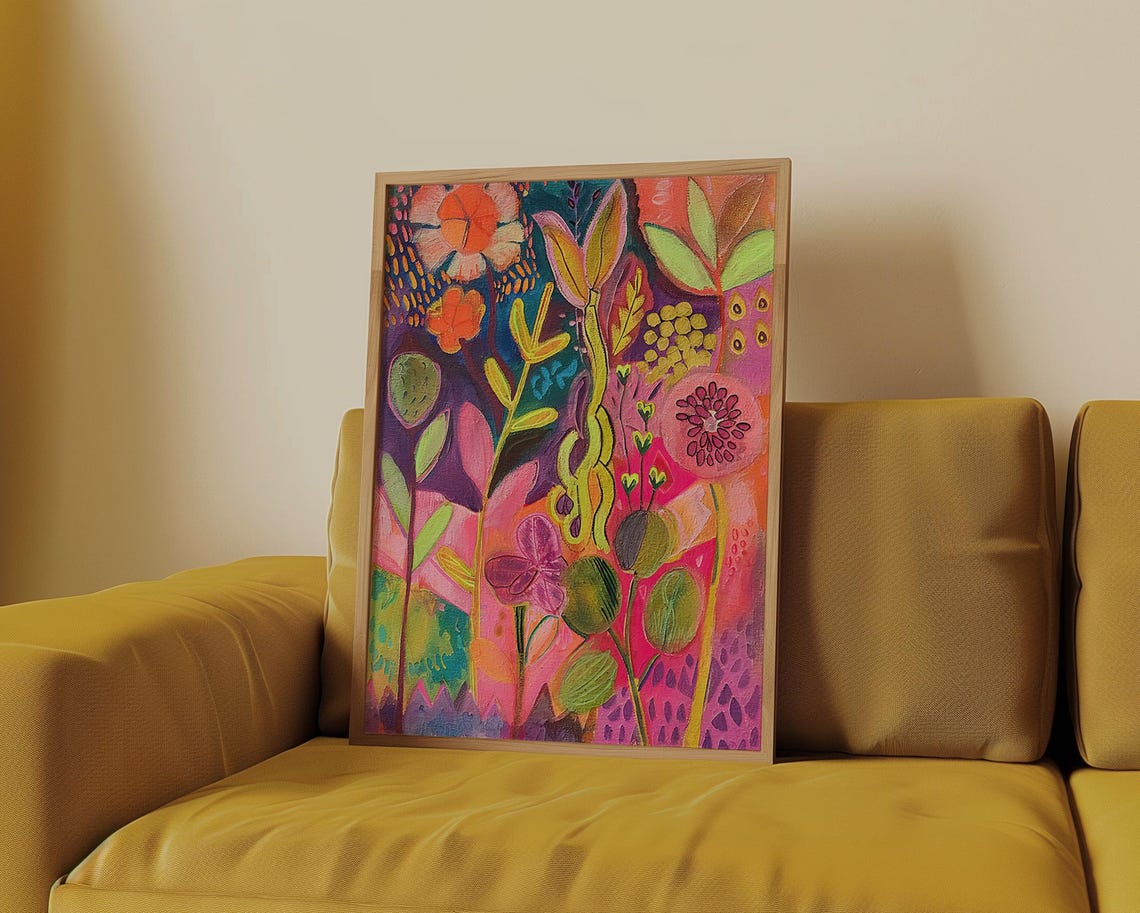 Bold Abstract Botanical Garden Painting Poster in Pink and Purple - Image 3