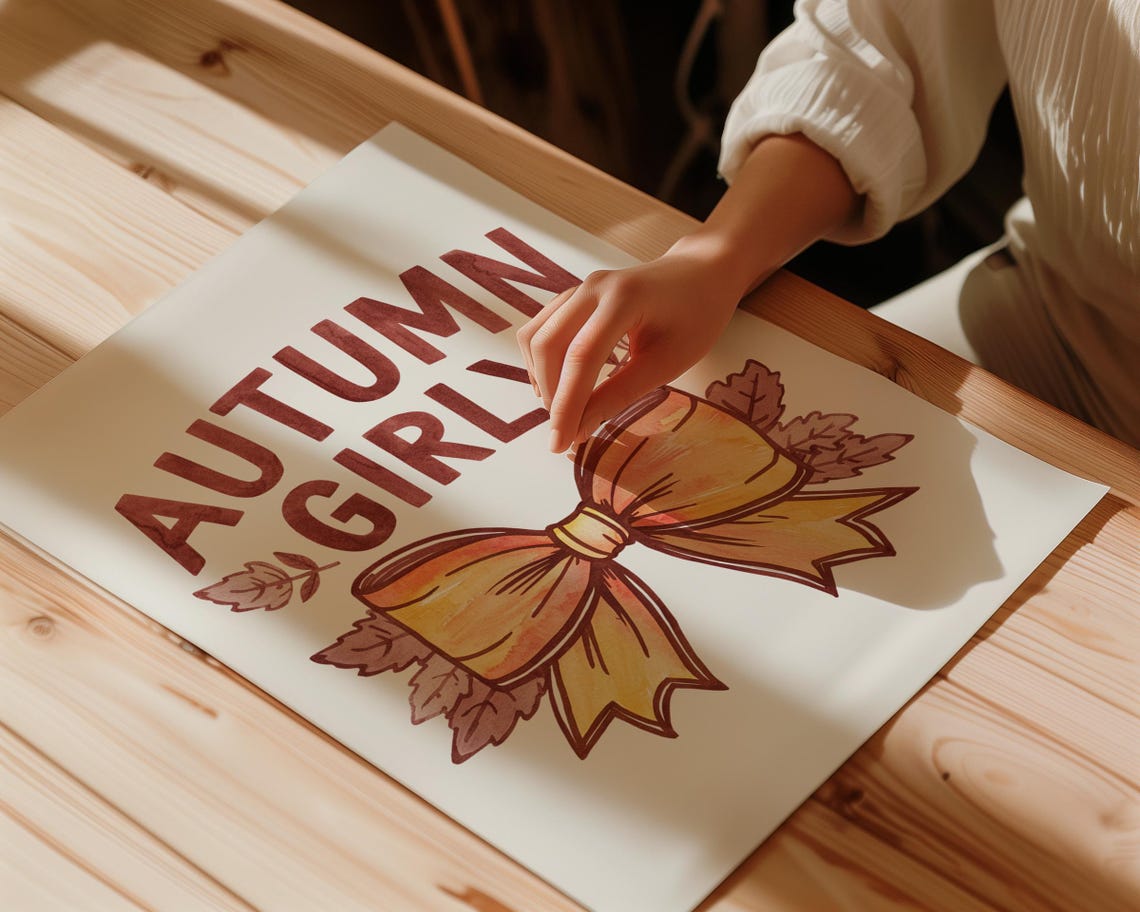Autumn Girly Rust Red Watercolor Bow Leaves Fall Decor Poster - Image 3
