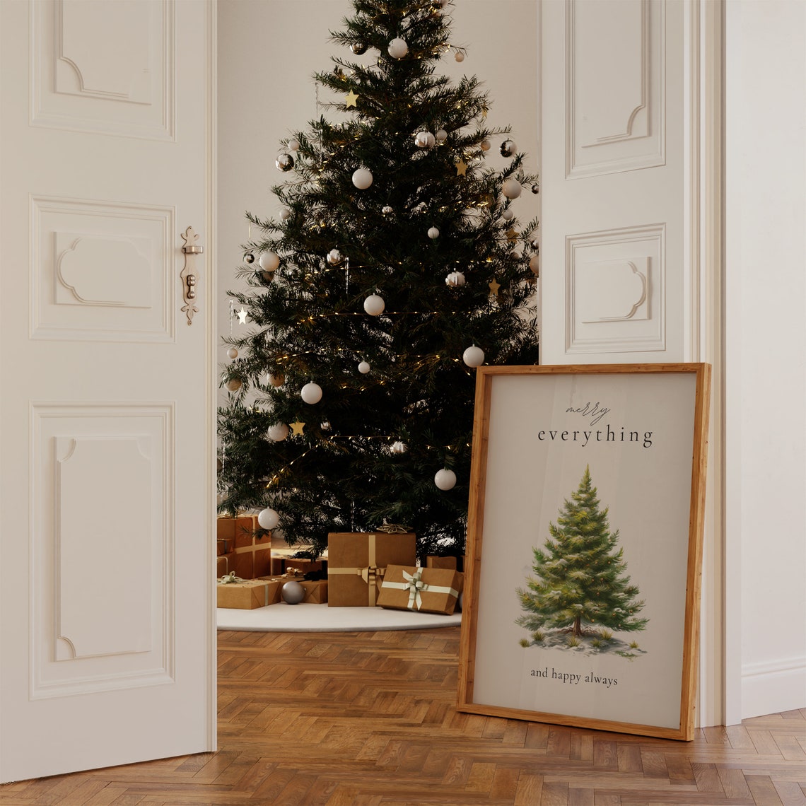 Merry Everything and Happy Always Snowy Watercolor Tree Poster - Image 4