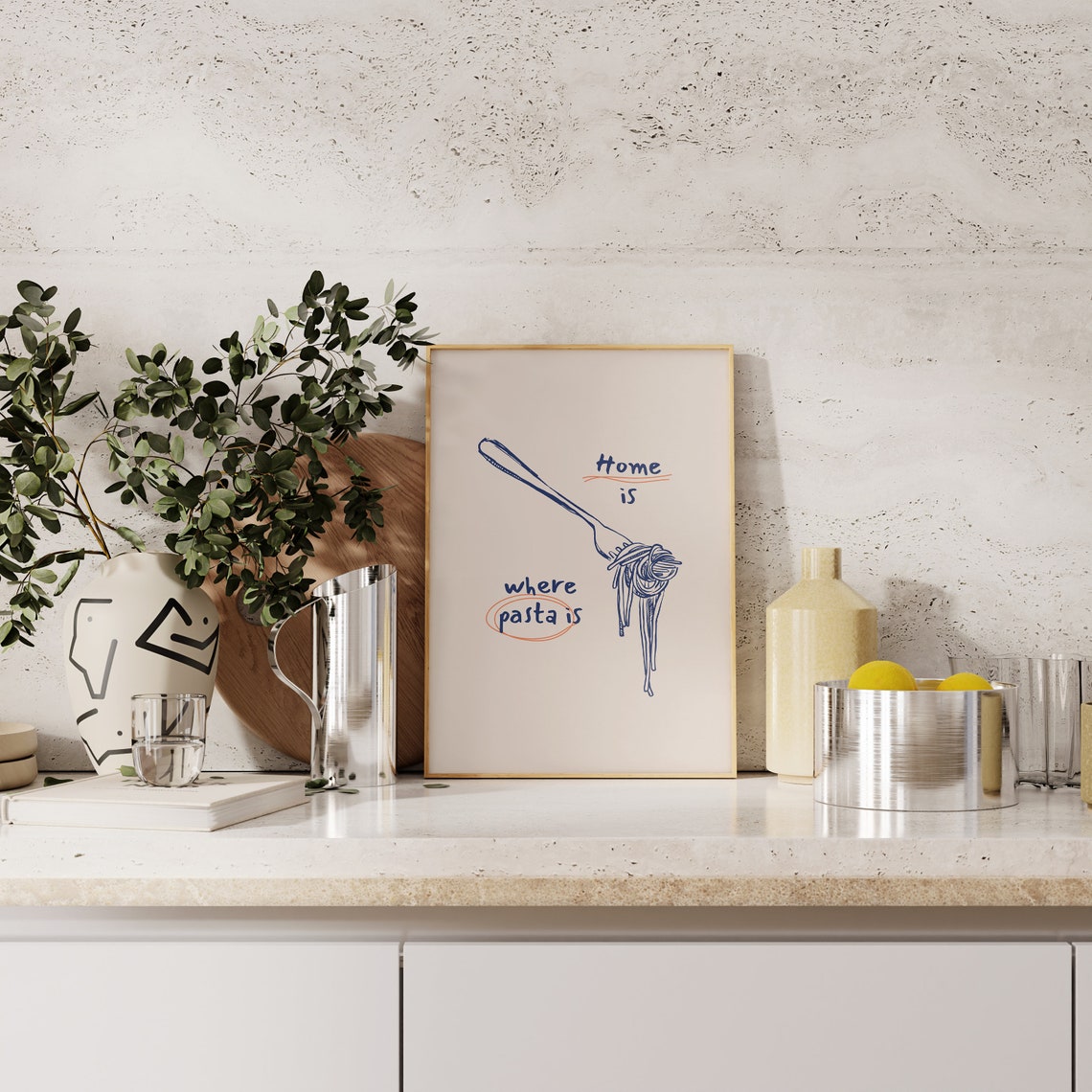Home Is Where Pasta Is Fork and Spaghetti Kitchen Sketch Poster - Image 2