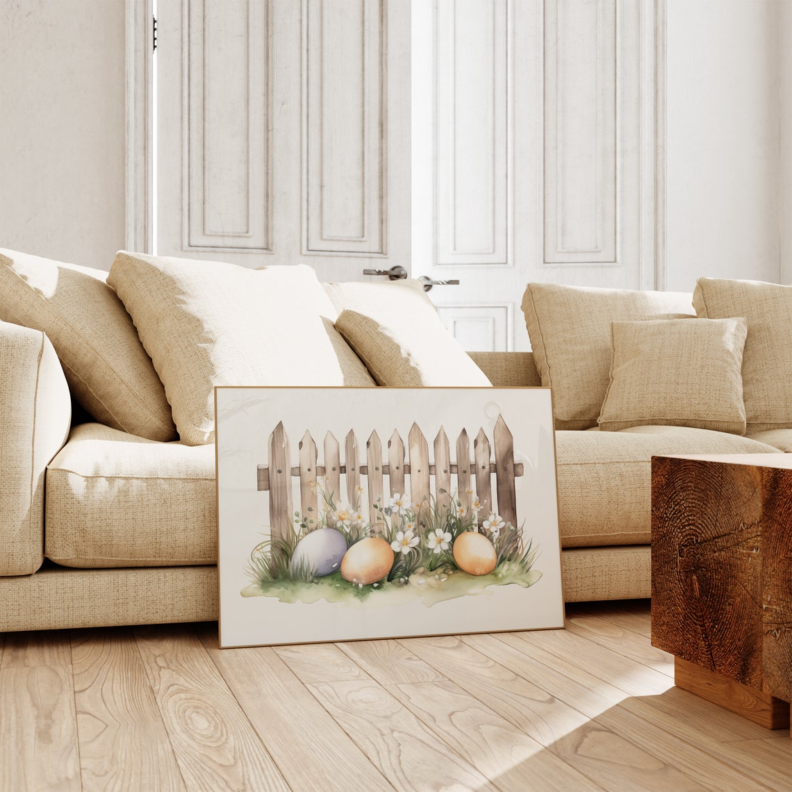 Pastel Easter Eggs Nestled In Grass By White Picket Fence Poster - Image 3