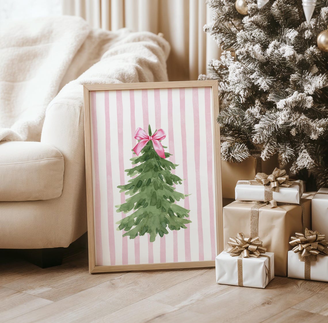 Coquette Pink Christmas Tree Watercolor Poster with Pink Bow - Image 5