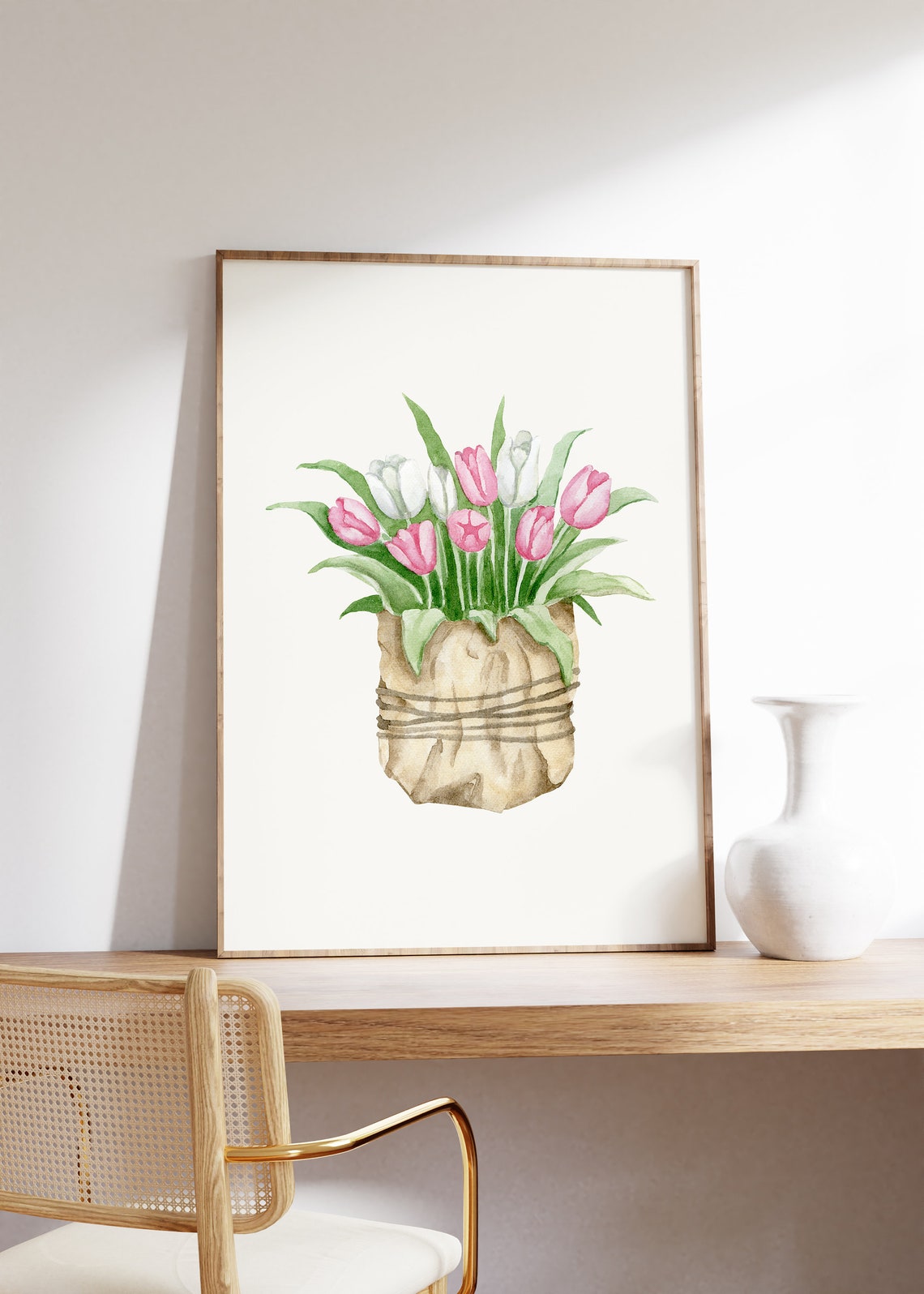 Pink and White Tulips in a Kraft Paper Bag Watercolor Spring Poster - Image 4