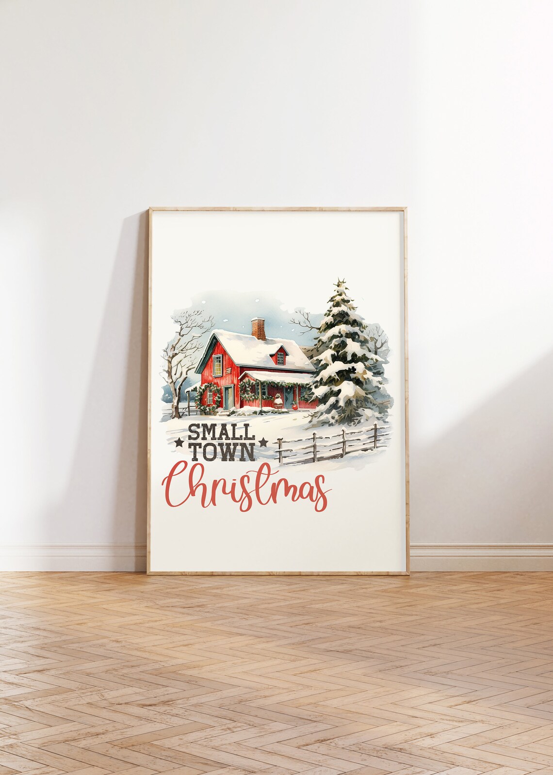 Small Town Christmas Snowy Red Farmhouse Winter Watercolor Poster - Image 2