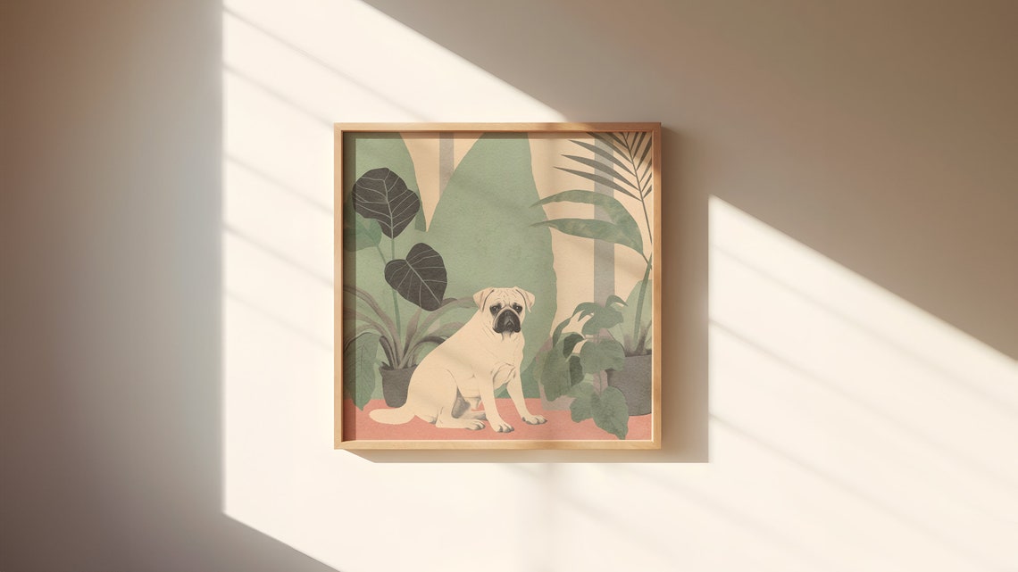 Pug Among Tropical Plants Illustrated Poster in Muted Green Tones - Image 4
