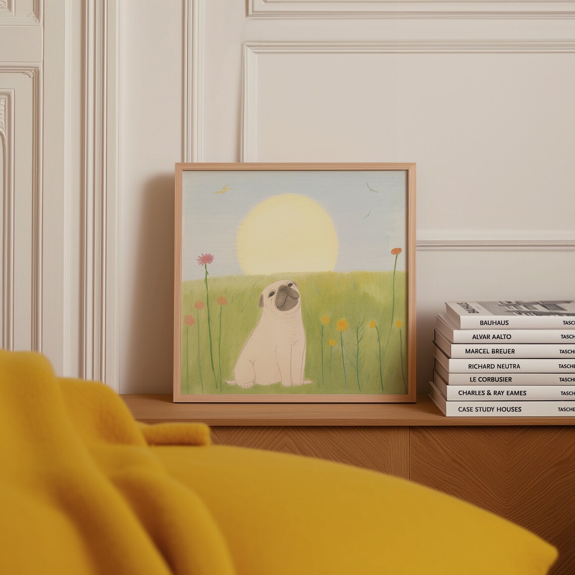 Cute Pug Dog Sunset Meadow Watercolor Square Animal Art Poster - Image 4