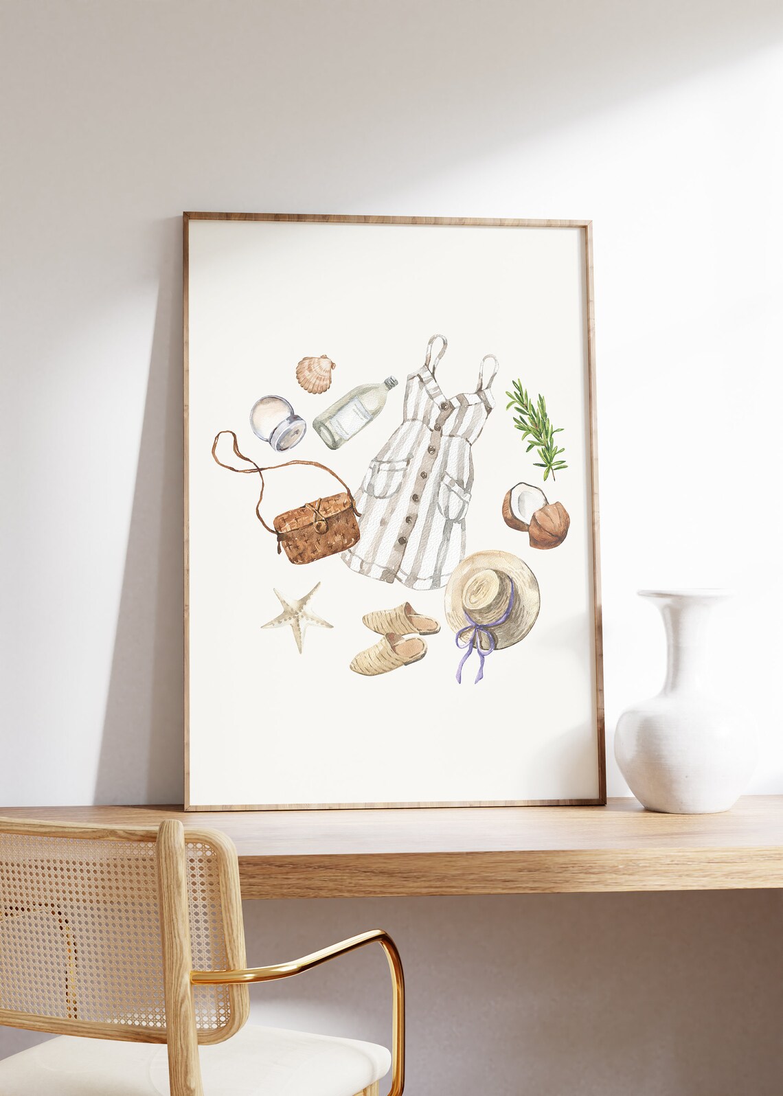 Striped Sundress Coconut Starfish Tropical Summer Watercolor Poster - Image 2