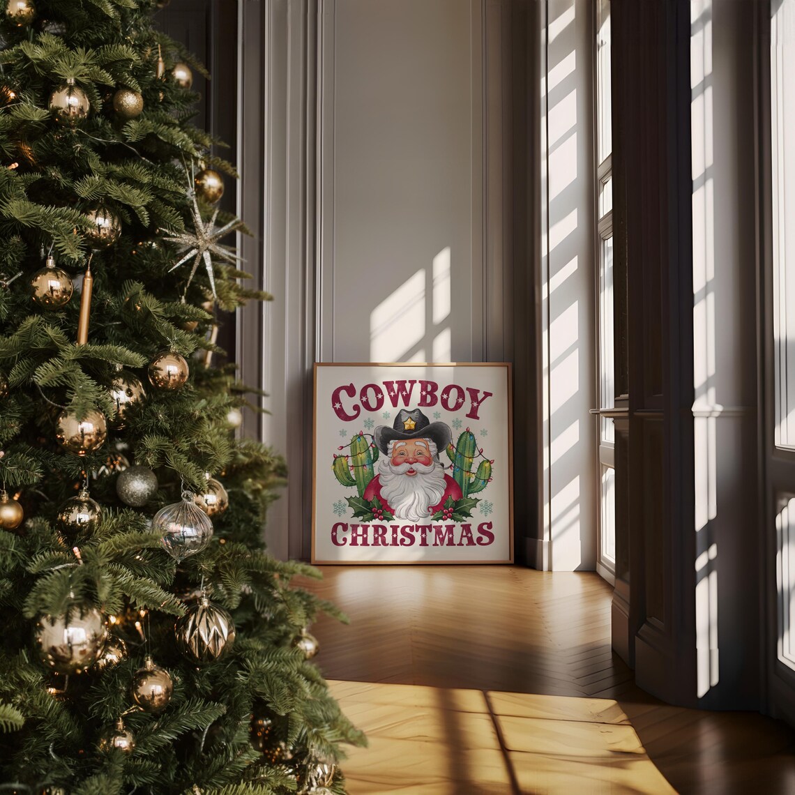 Cowboy Christmas Vintage Santa With Cacti Western Holiday Poster - Image 4