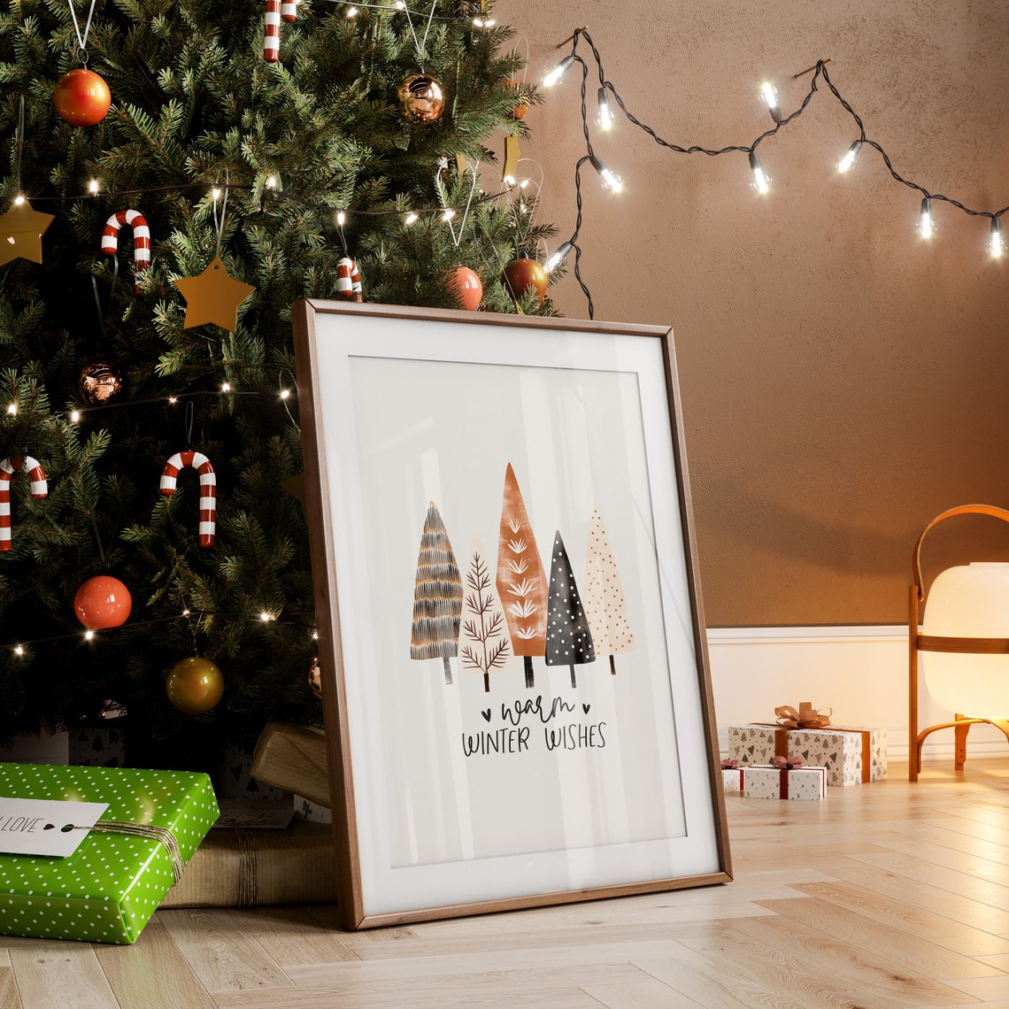 Warm Winter Wishes Five Patterned Trees Minimalist Holiday Print - Image 3