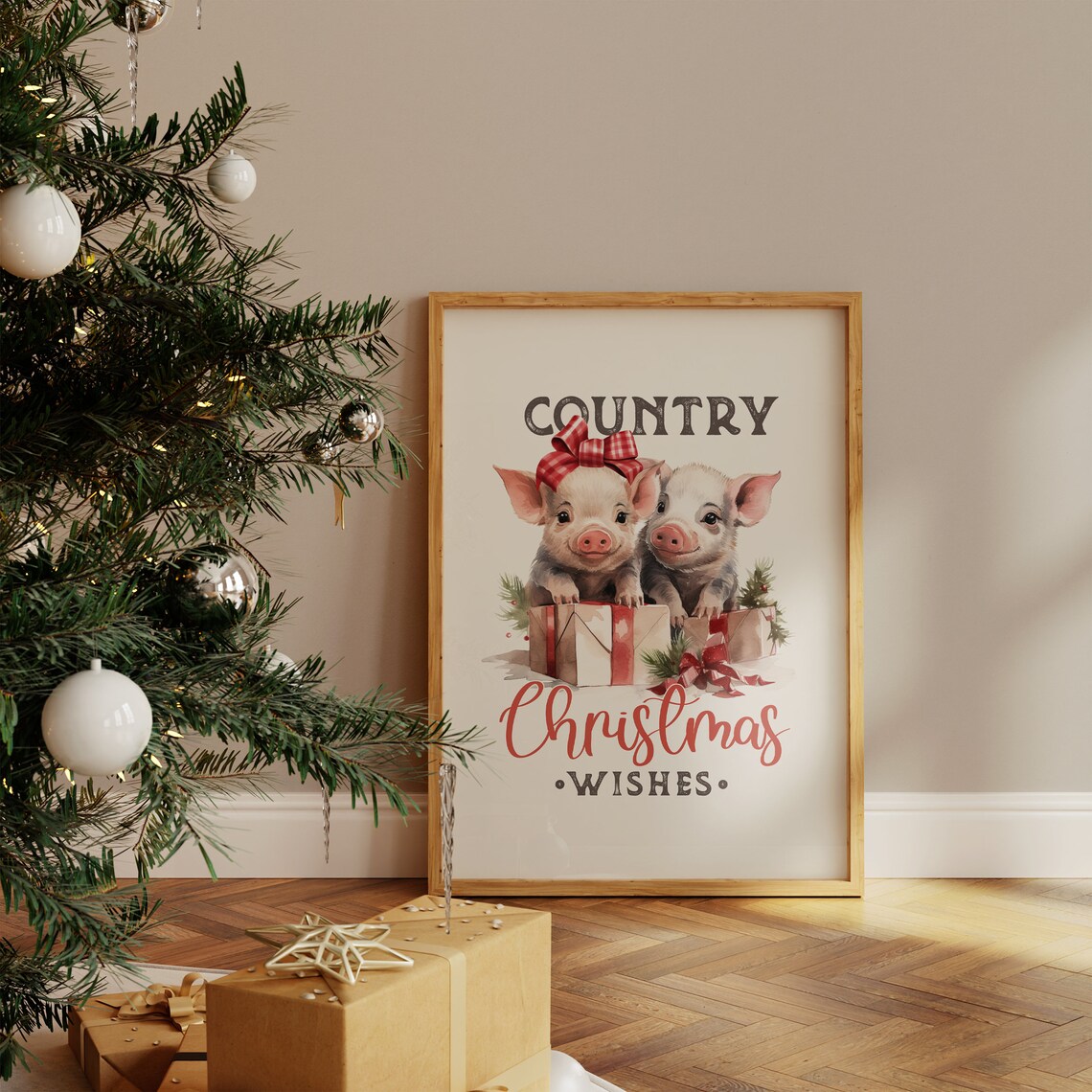 Country Christmas Wishes Two Piglets With Gifts Farmhouse Poster - Image 4