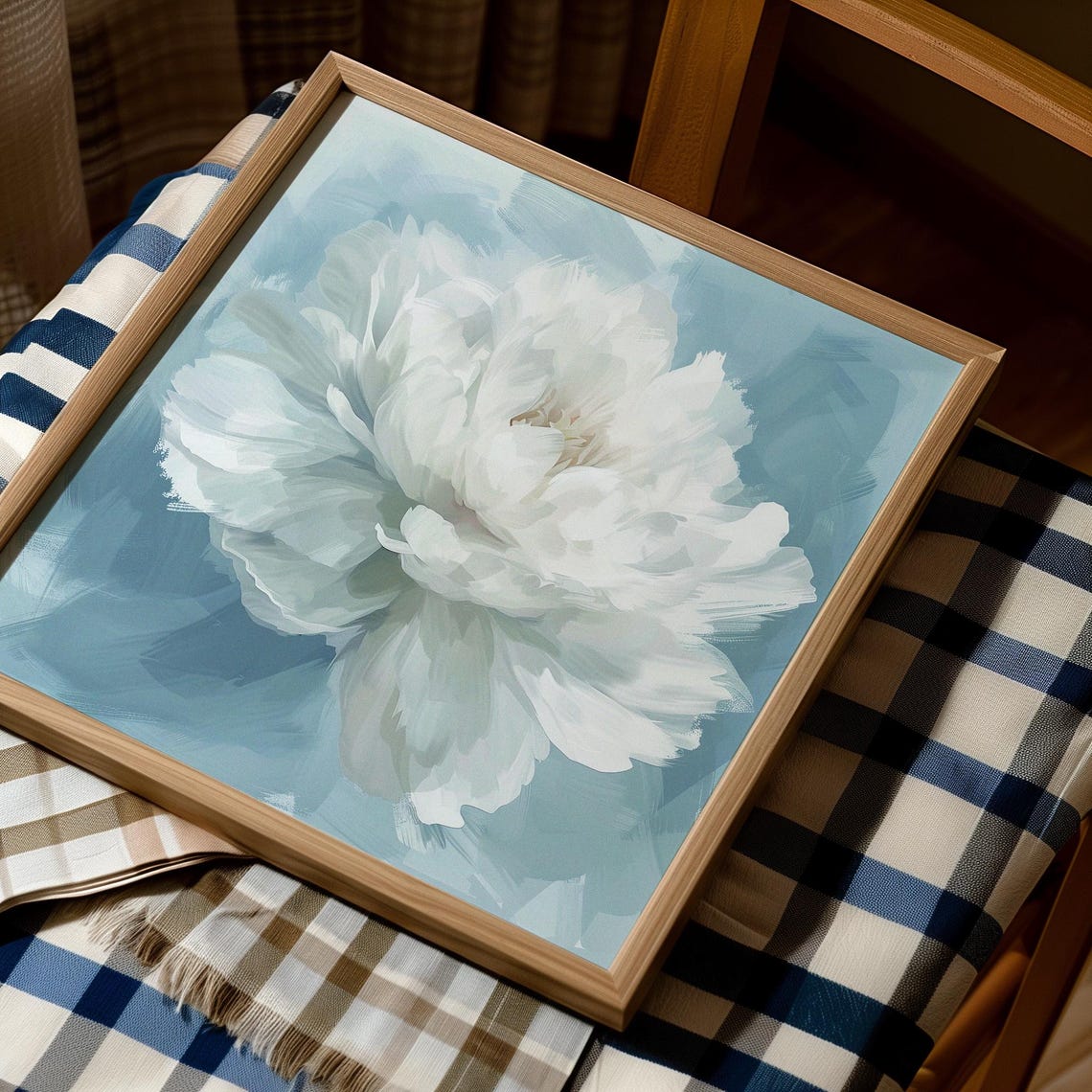 White Peony Flower on Textured Blue Background Botanical Poster - Image 4