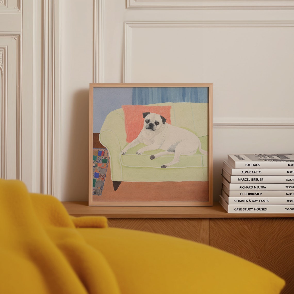 White Pug Lounging on Green Sofa Poster with Retro Illustration - Image 4