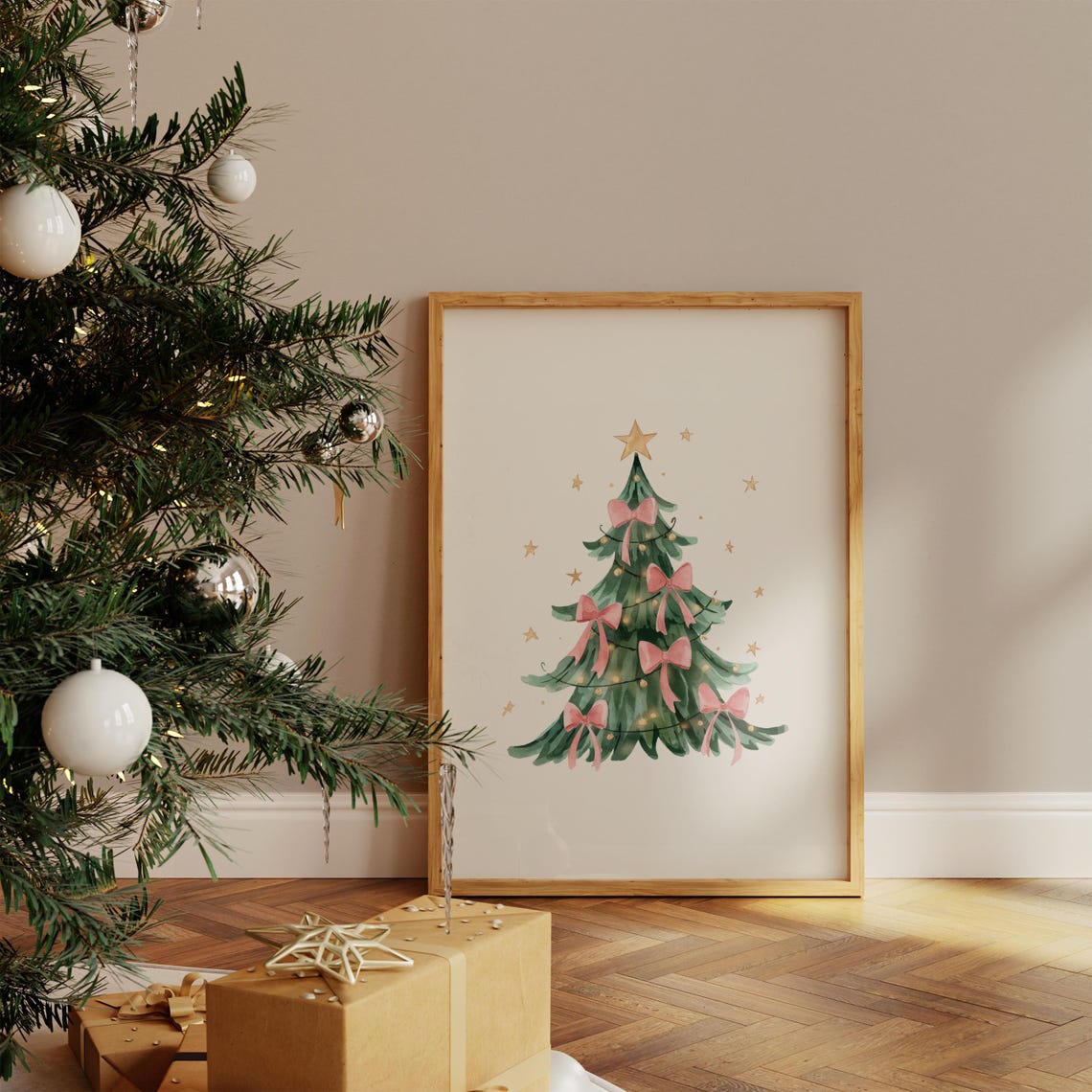 Coquette Pink Bow Christmas Tree Gold Star Watercolor Wall Art - Image 3