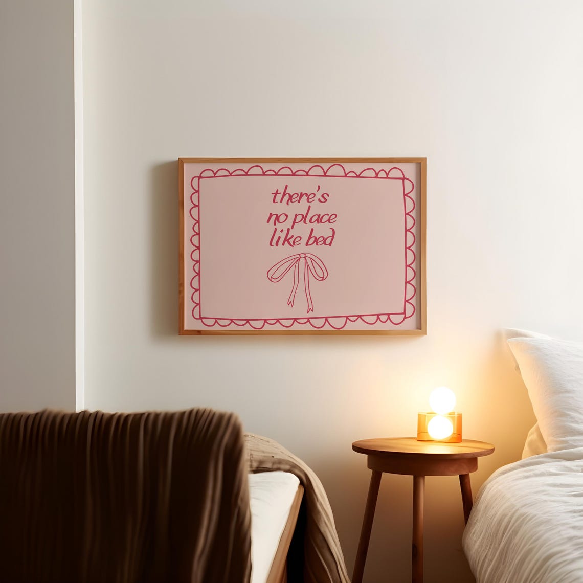 There's No Place Like Bed Pink Quote Poster with Bow Illustration - Image 4