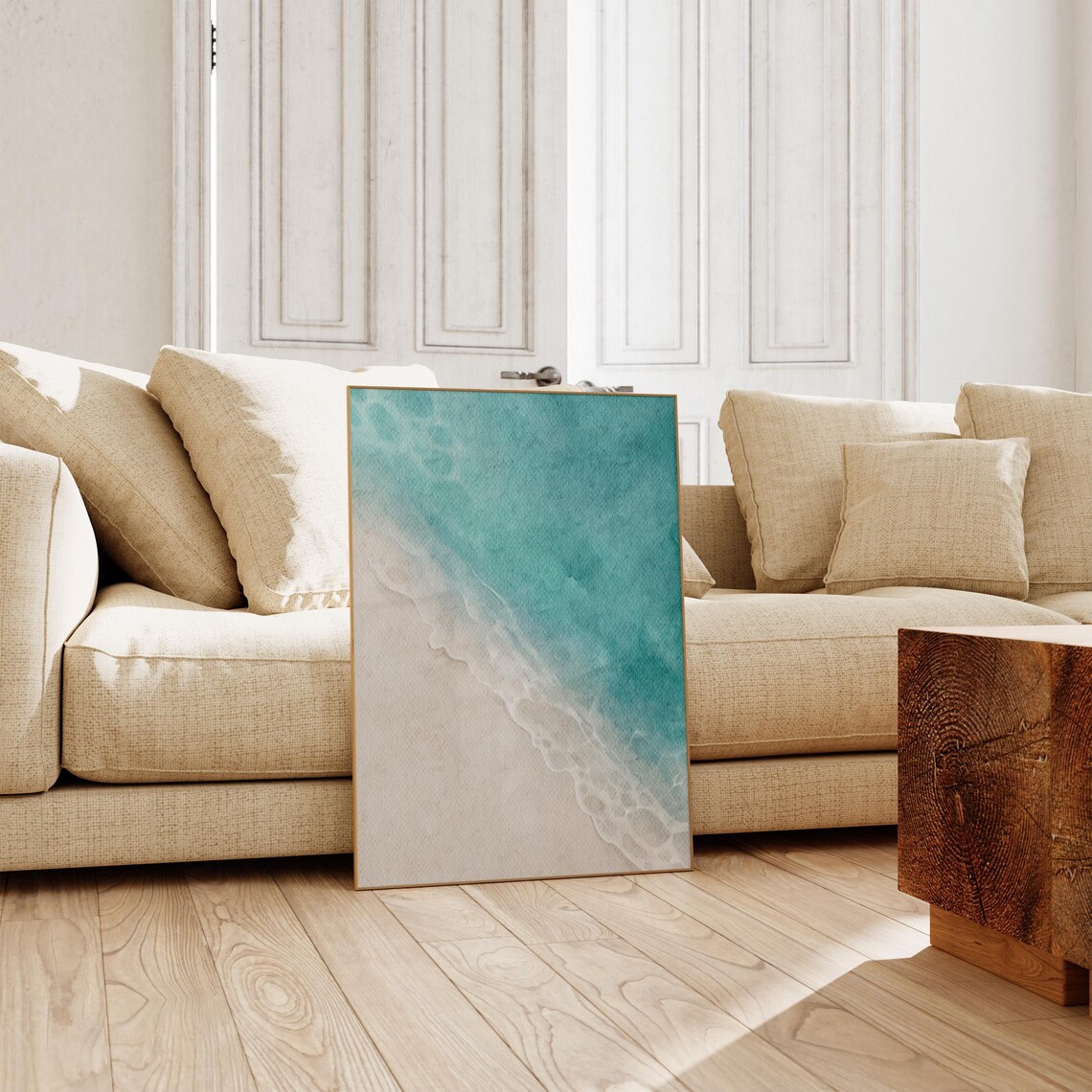 Aerial Turquoise Shoreline White Foam Waves Sandy Beach Watercolor Poster - Image 3